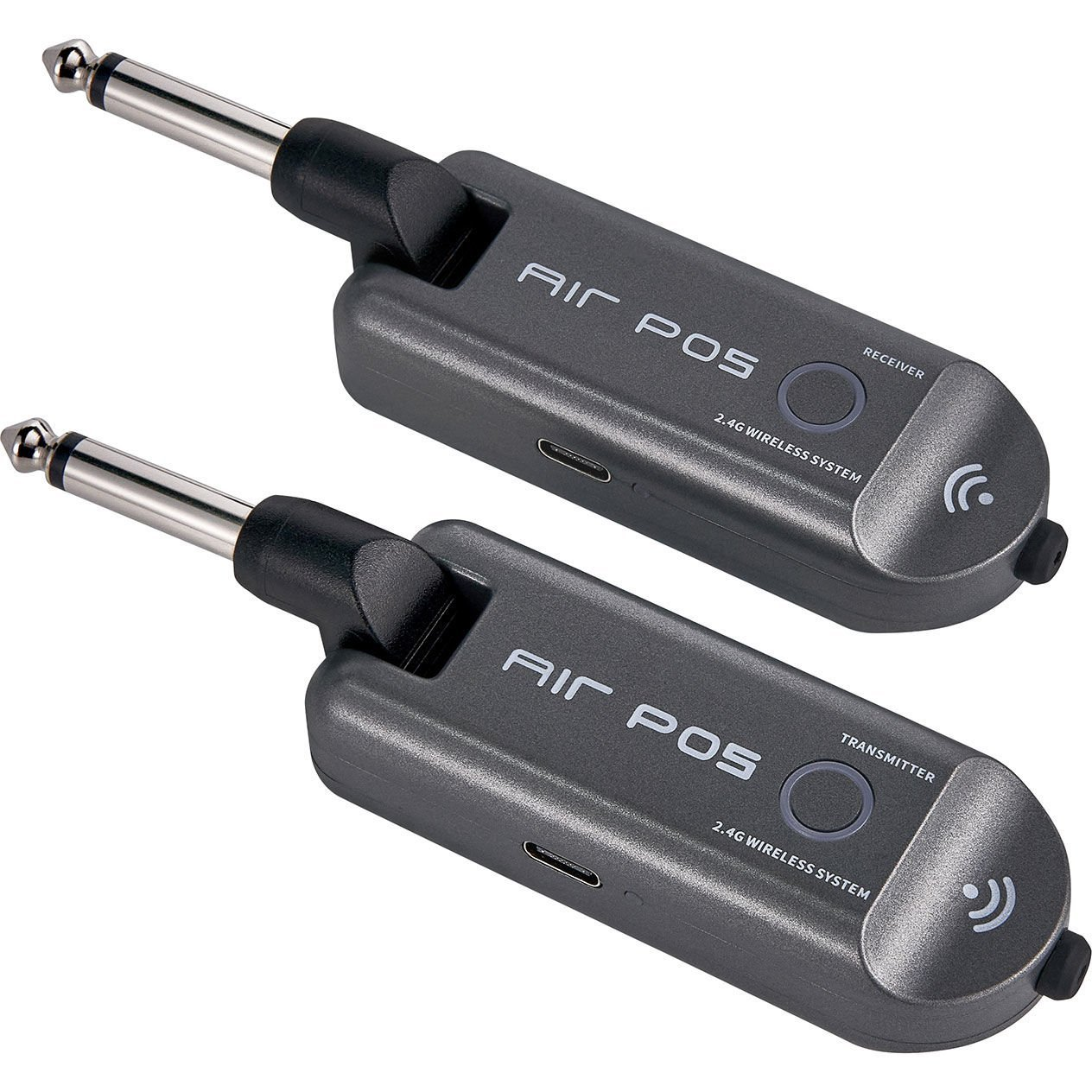 Twee grijze 2,4 GHz draadloze systemen, zender en ontvanger, met jackpluggen.