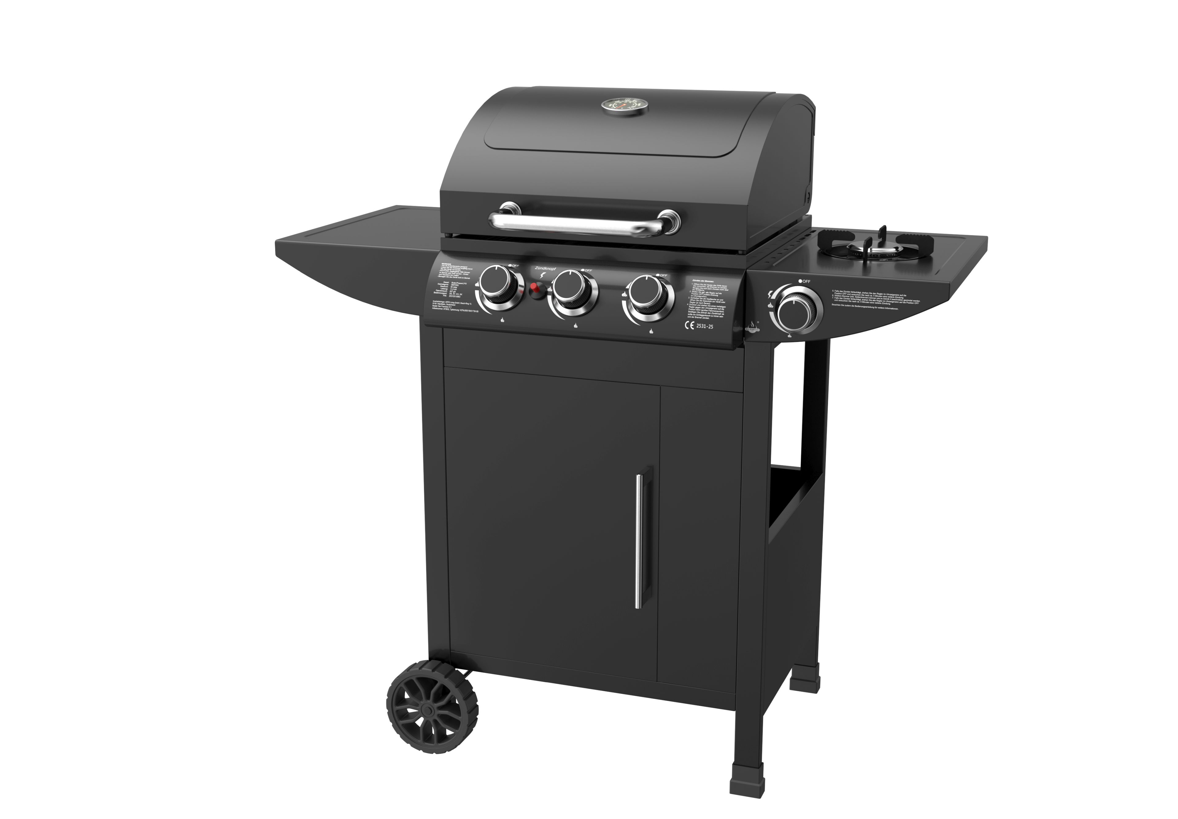 Ein schwarzer Gasgrill mit drei Brennern, einem Seitenkocher und Stauraum.