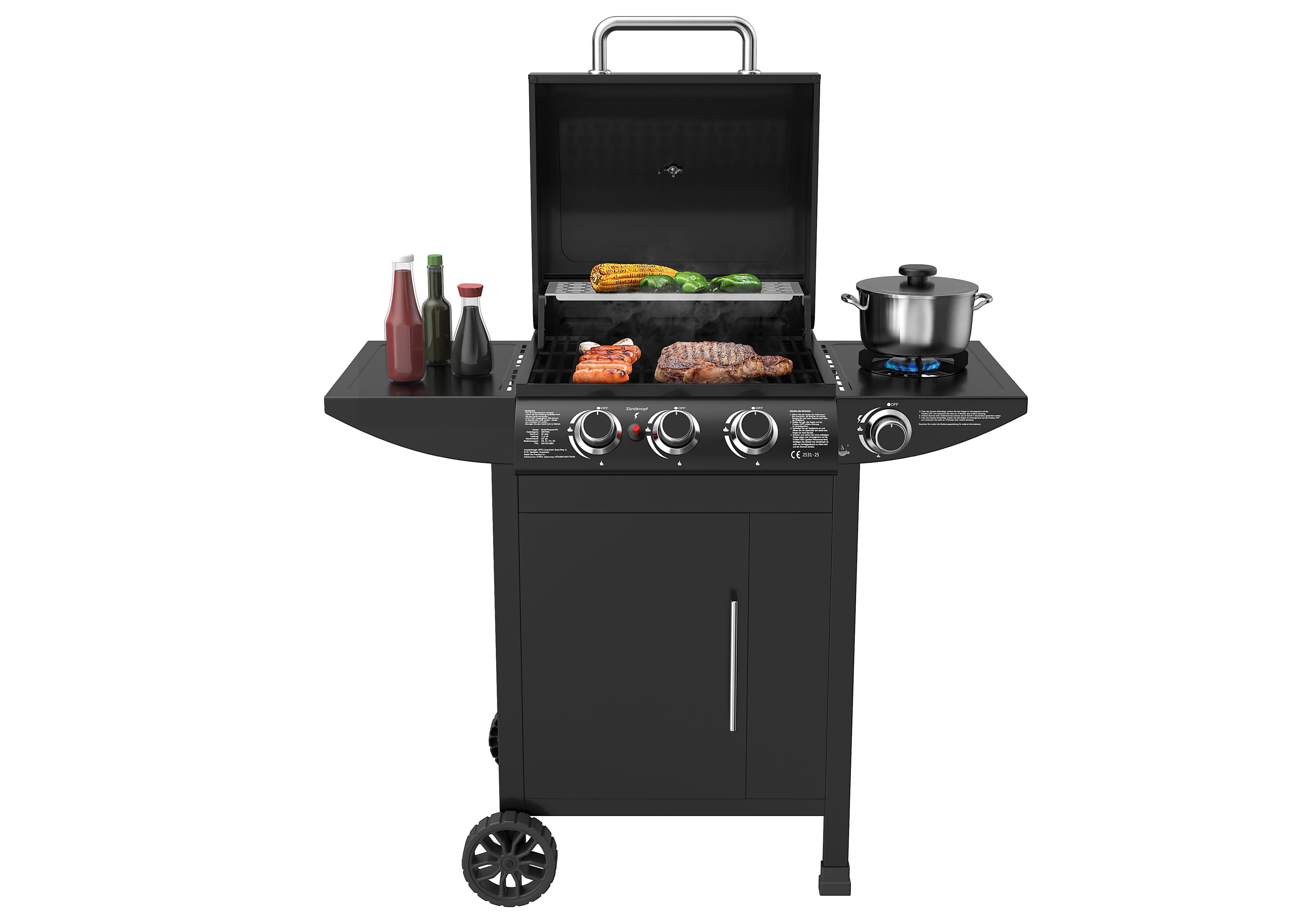Schwarzer Gasgrill mit offenem Deckel, Grillgut, Töpfen und Flaschen.