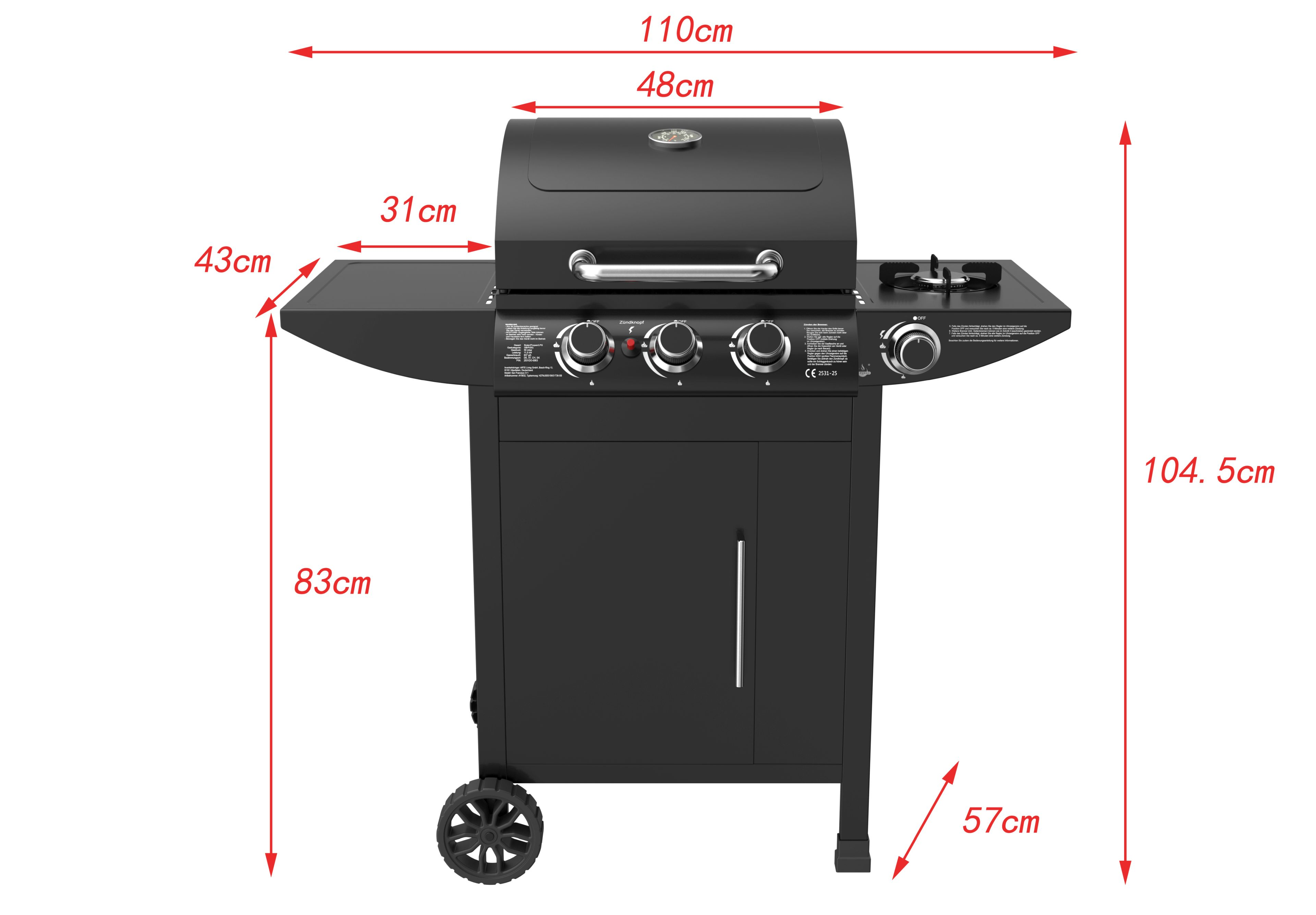 Schwarzer Gasgrill mit zwei Rädern, Maße sind angegeben.