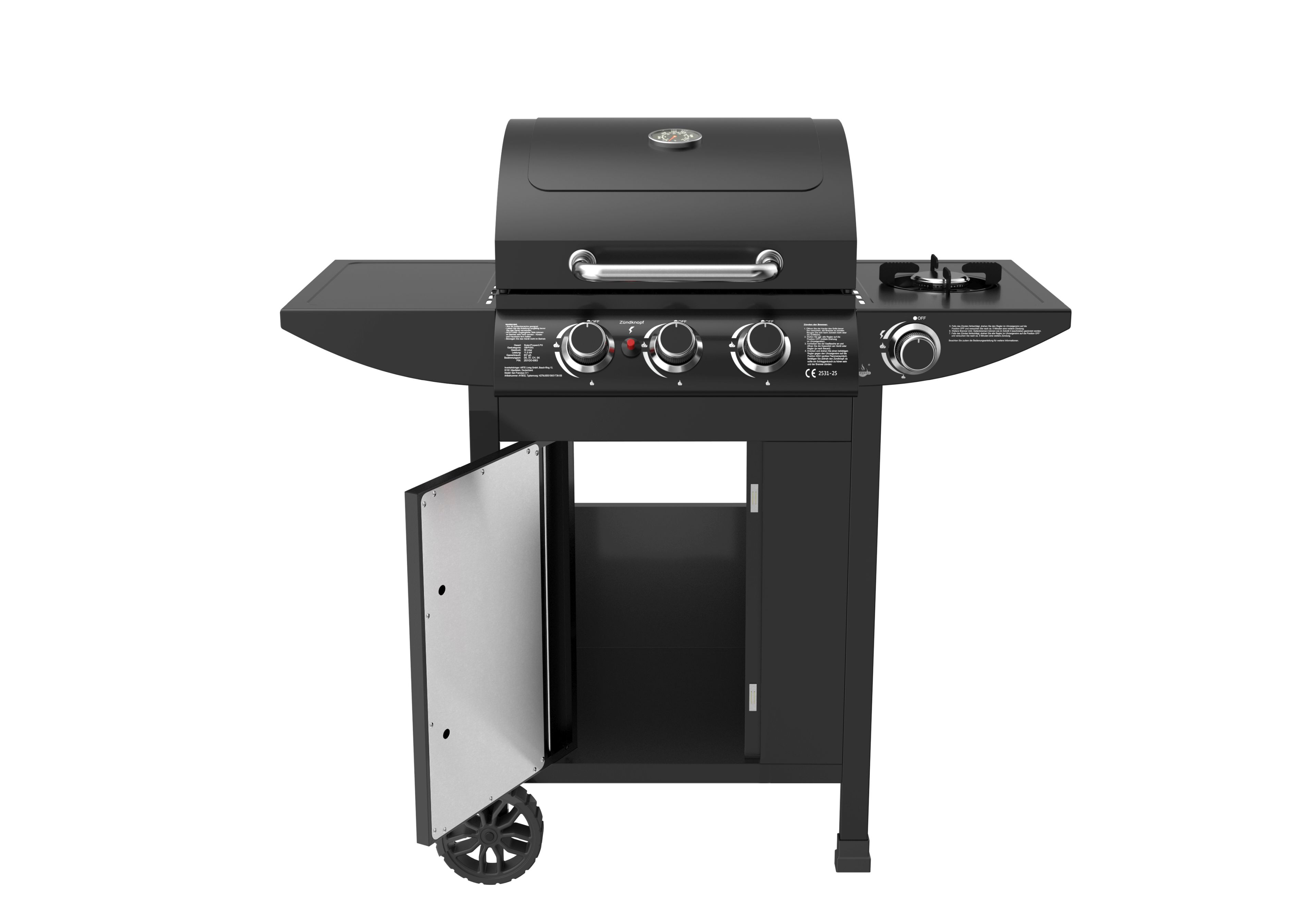 Schwarzer Gasgrill mit seitlicher Ablage, Thermometer, drei Knöpfen und offenem Fach.