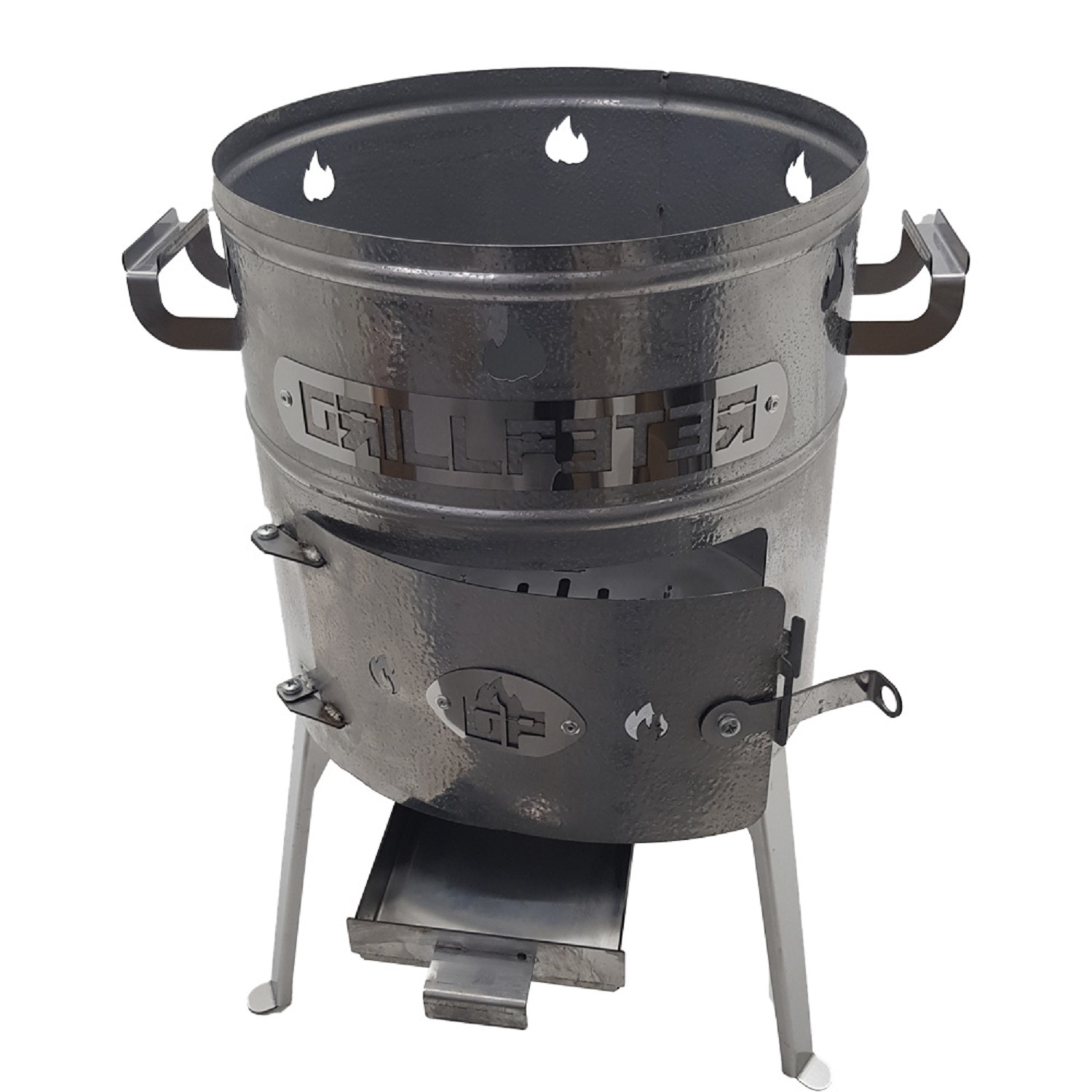 Ein metallischer Grill mit Griffen, Klappe und drei Beinen.