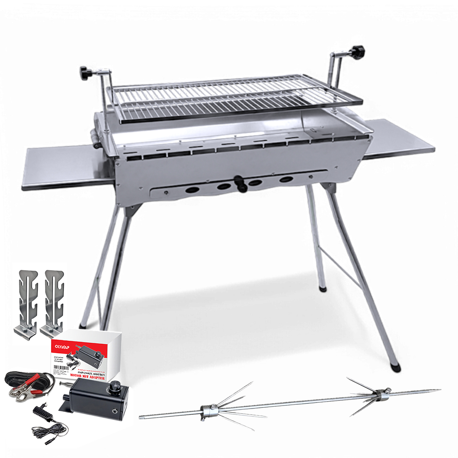 Ein Edelstahlgrill mit zwei Seitenablagen, einem Rotisseriespießmotor und Spieß.