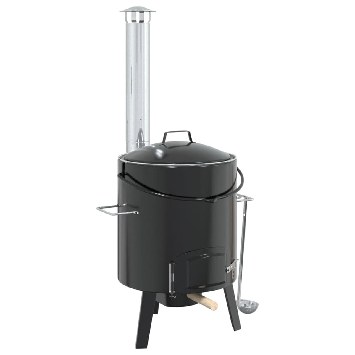 Fornello nero con canna fumaria, coperchio, porta e accessori su gambe.
