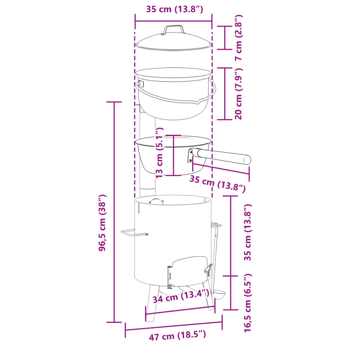 Set di pentole con dimensioni, con stufa, due pentole e coperchio.