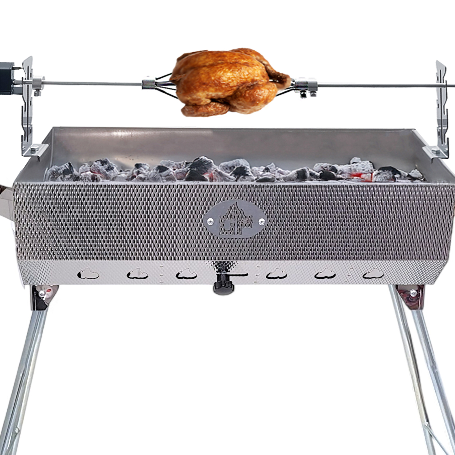 Ein goldbraunes Brathähnchen gart über heißen Kohlen in einem Edelstahlgrill.