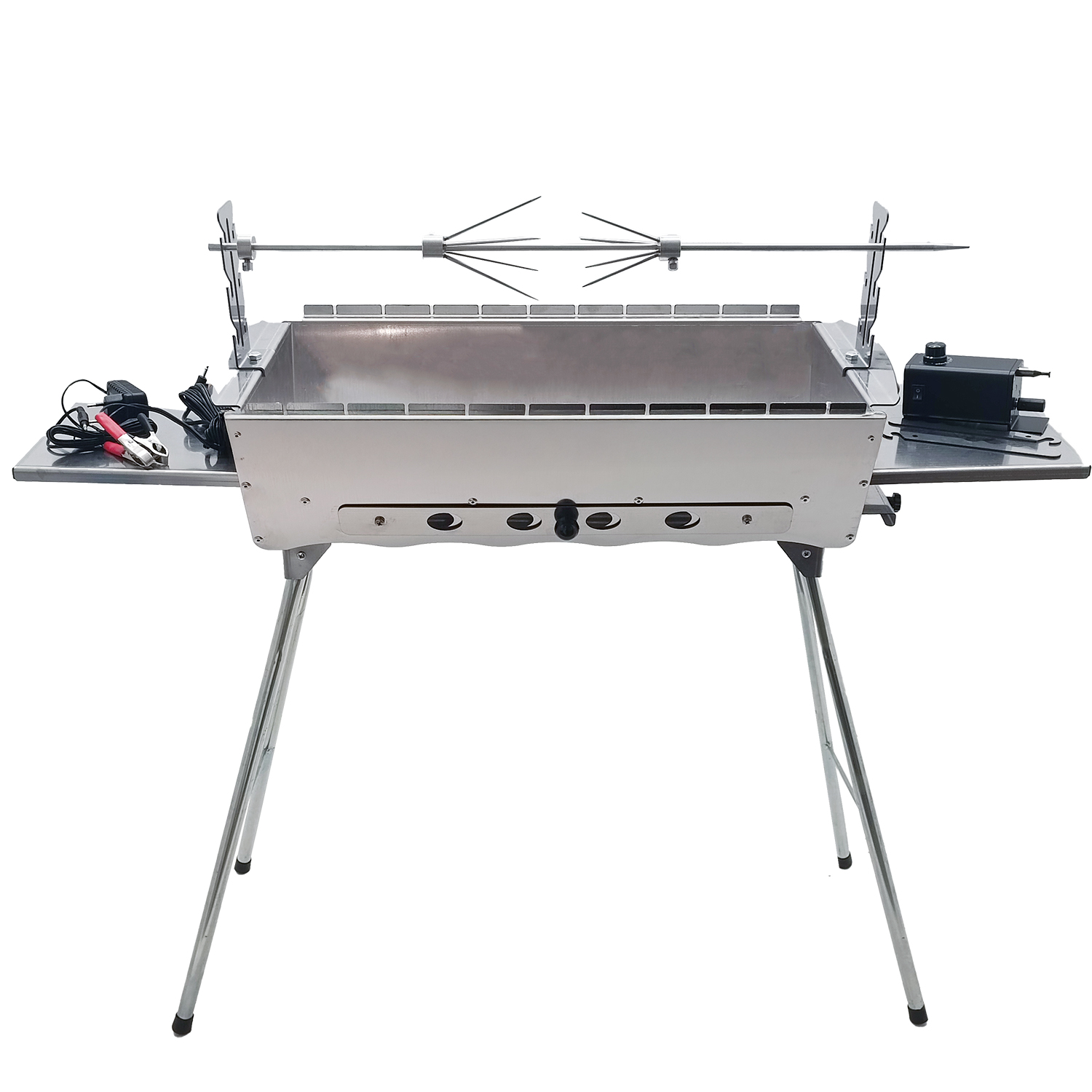 Ein silberner Grill mit Drehspieß und Motor, auf Metallbeinen stehend.