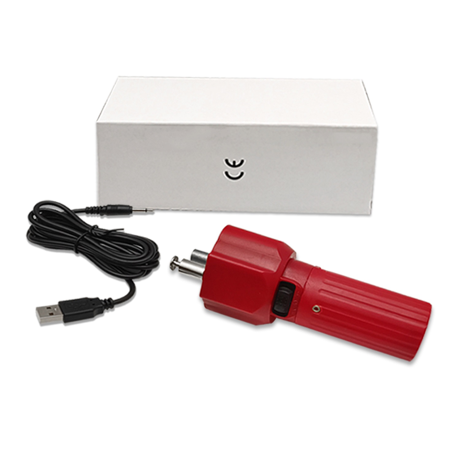 Ein rotes Werkzeug mit USB-Kabel und weißer Box mit CE-Zeichen.