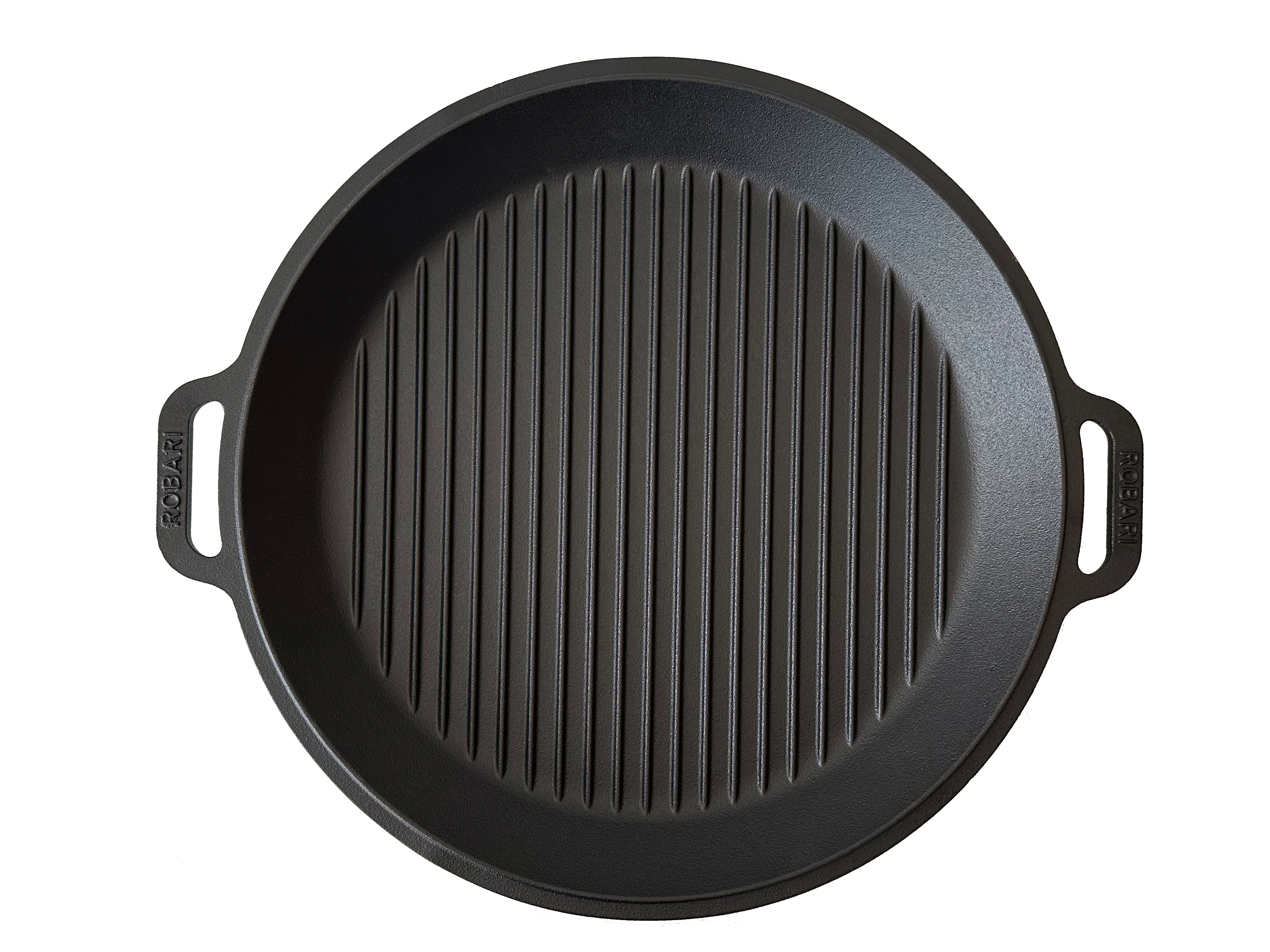 Eine runde schwarze Grillpfanne mit Griffen, aus Gusseisen.