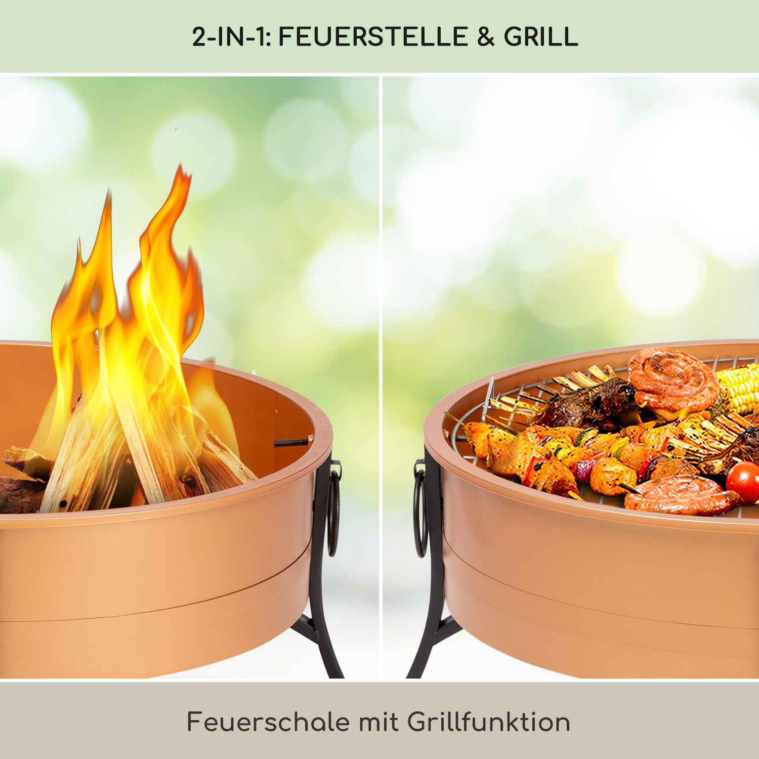 Ein Kupferfarbener Grill mit brennendem Holz auf der linken Seite und gebratenem Essen auf der rechten.