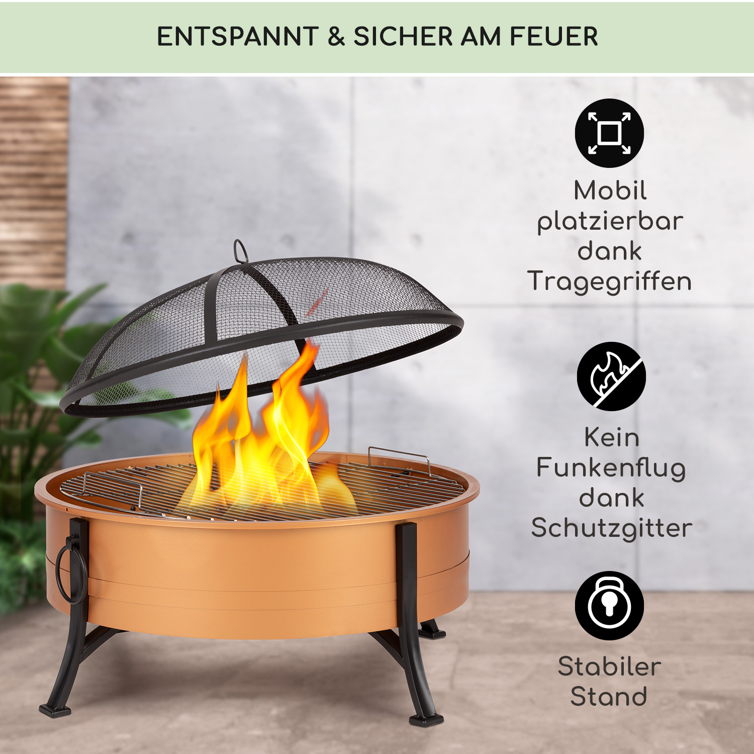 Ein bronzener Feuerkorb mit Flammen und einem Schutzgitter.