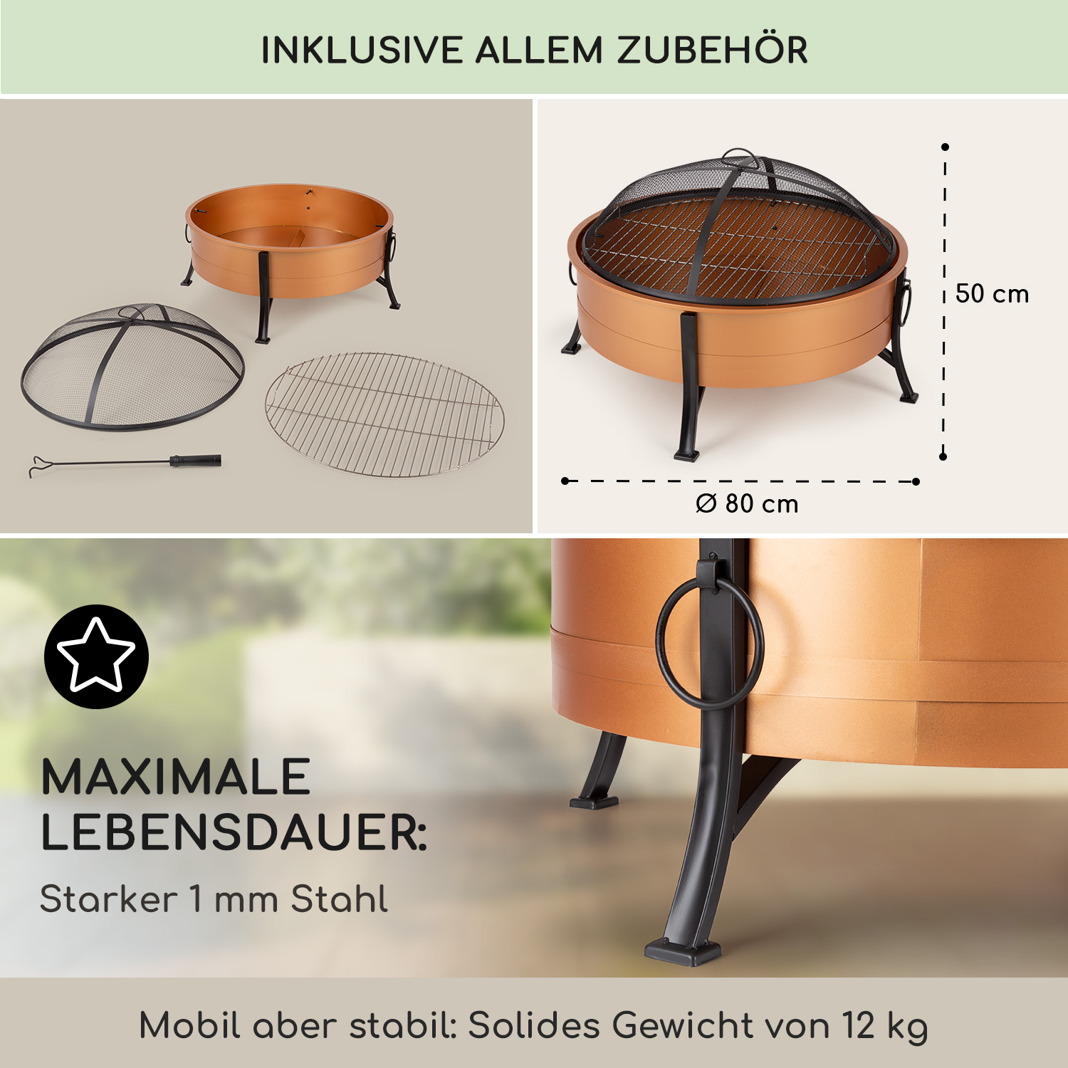 Bronze Feuerstelle mit Grillrost, Schutzgitter und Werkzeug. Maße: 80x50cm.