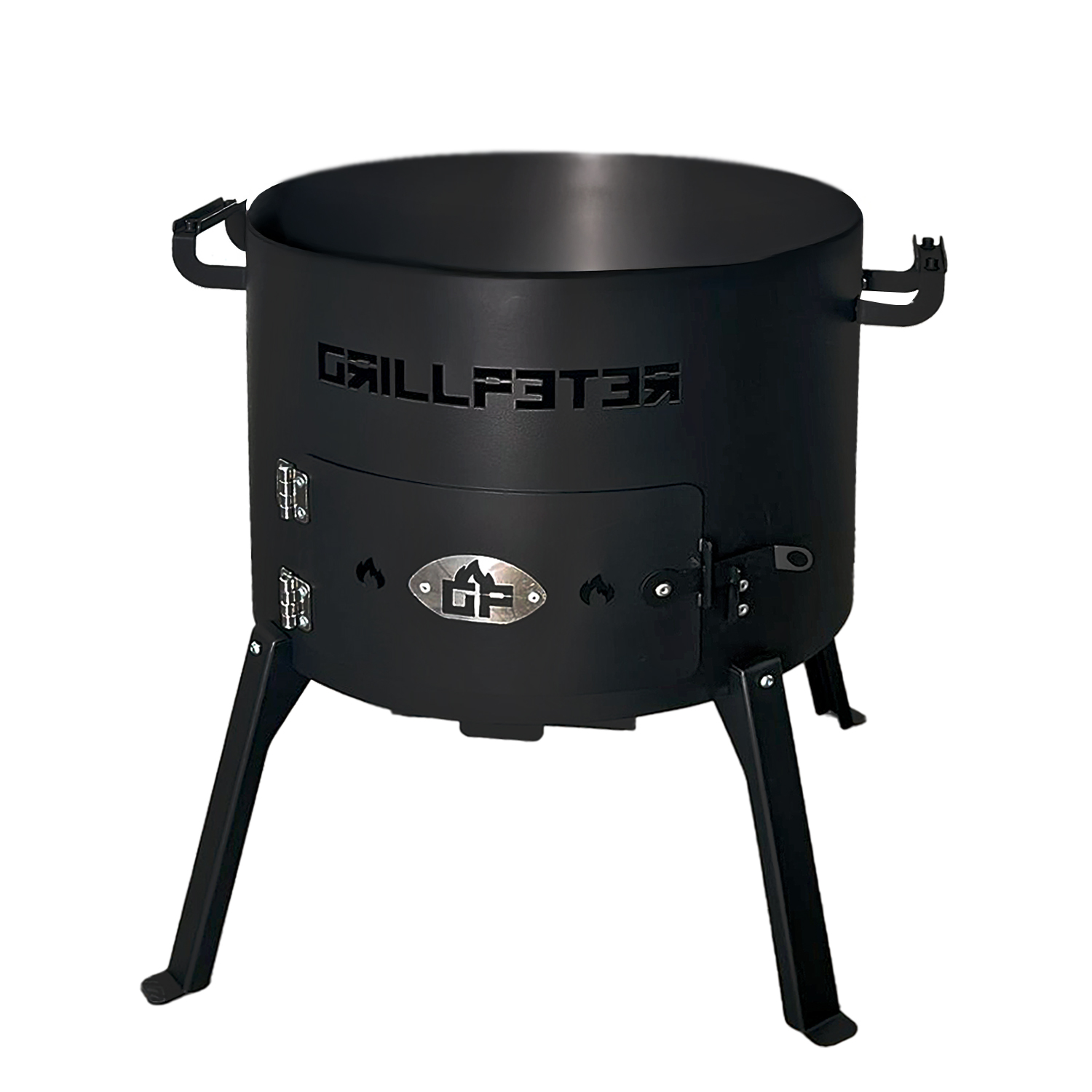 Schwarzer Metall-Smoker mit drei Beinen und Griffen.