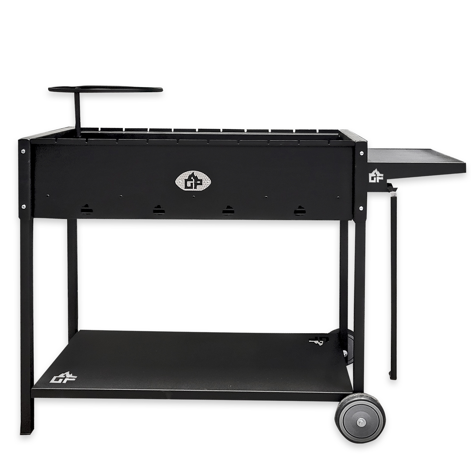 Ein schwarzer, tragbarer Grill mit Ablage, Rädern und einem Gestell für Kochutensilien.