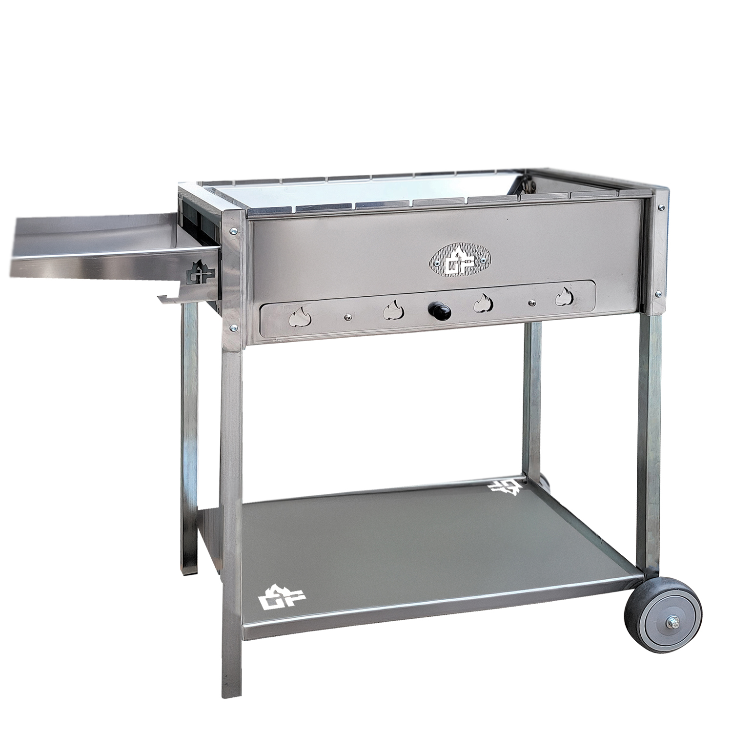 Ein glänzender Metallgrill mit einem seitlichen Ausziehtisch, Rädern und einem unteren Regal.