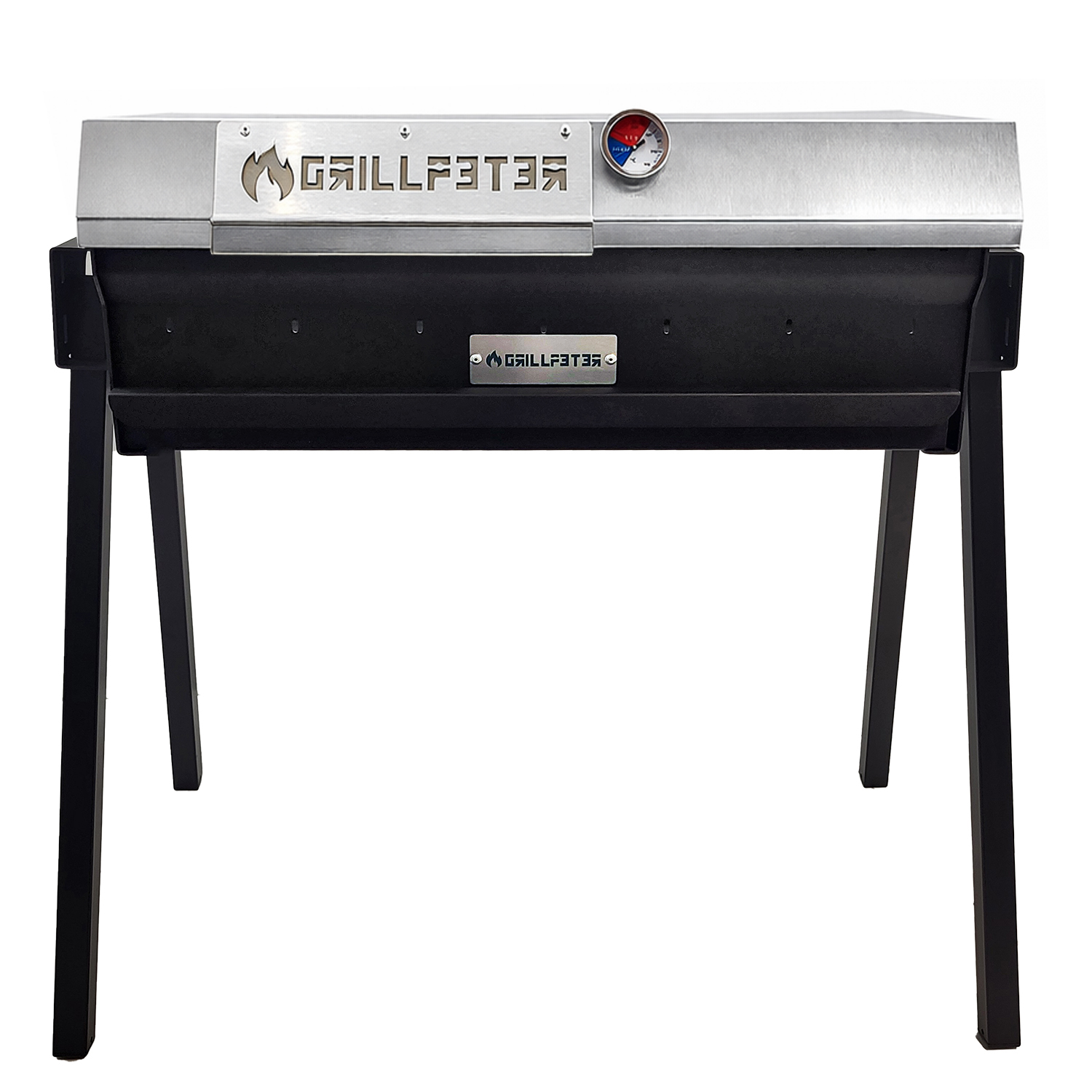 Ein silberner Grill mit schwarzem Korpus und vier schwarzen Beinen. Ein Thermometer ist oben angebracht.