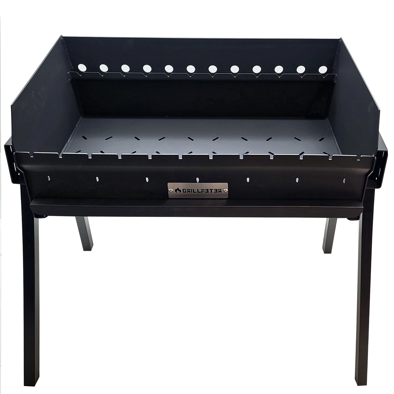 Ein schwarzer Metallgrill mit vier Beinen und Lüftungsschlitzen.