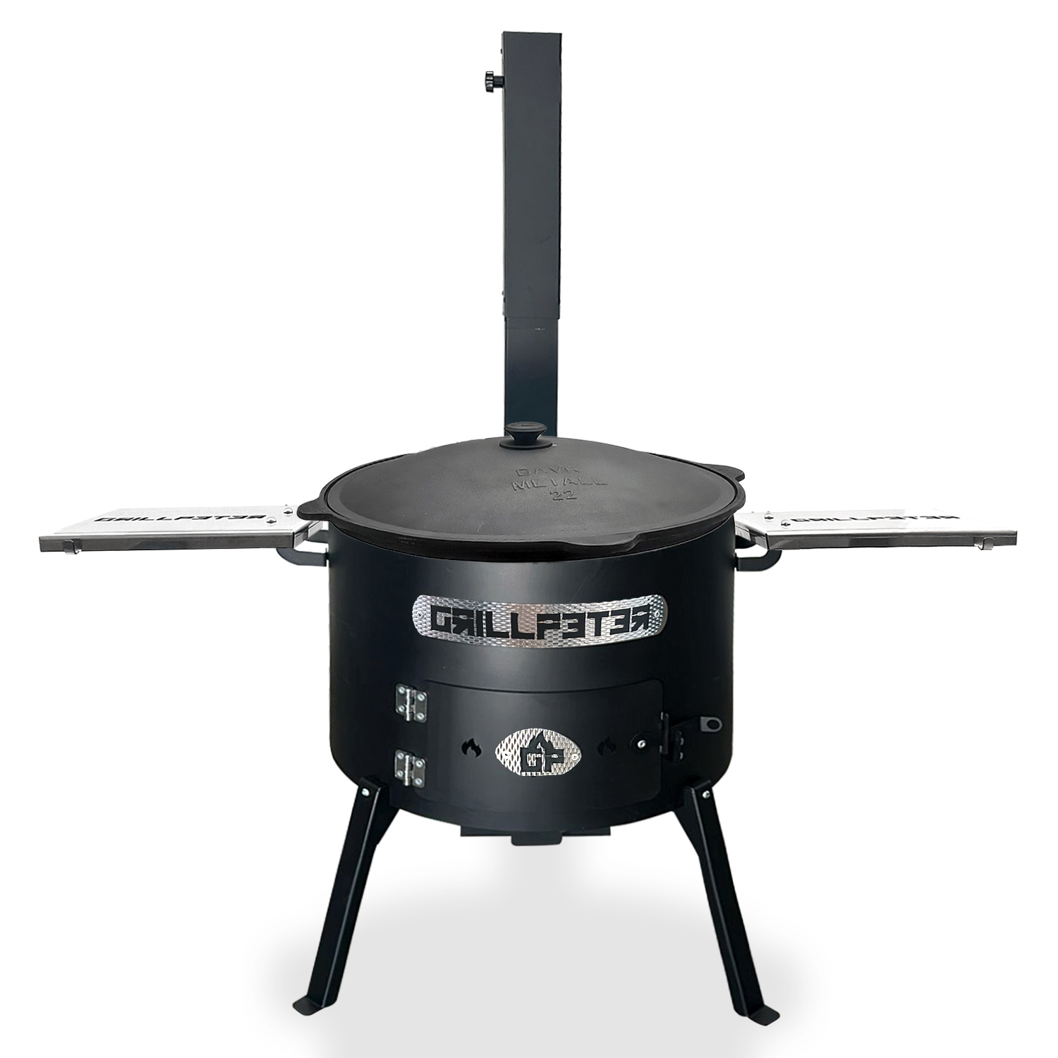 Ein schwarzer Grill mit Deckel, Ständern und seitlichen Ablagen.