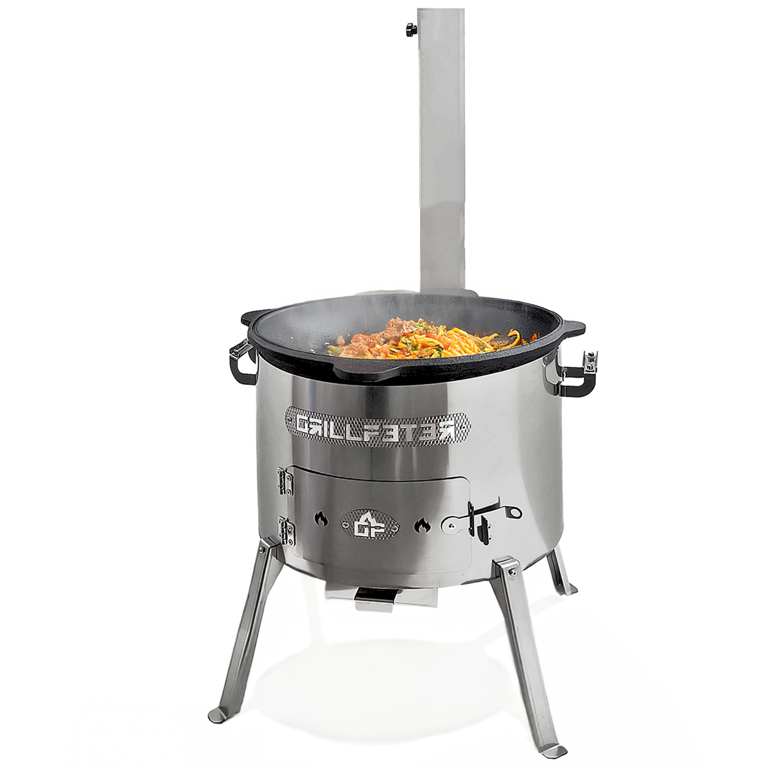 Ein Edelstahl-Kocher mit Wok, gefüllt mit Nudeln und Fleisch, auf einem Stativ.