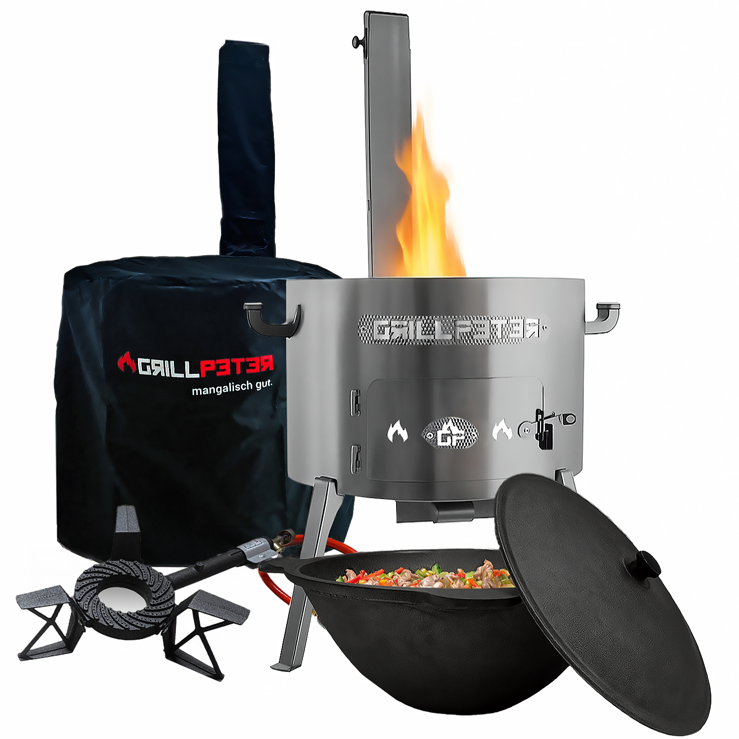 Ein Grill mit Flammen, einem Kochtopf und einem Gasbrenner.