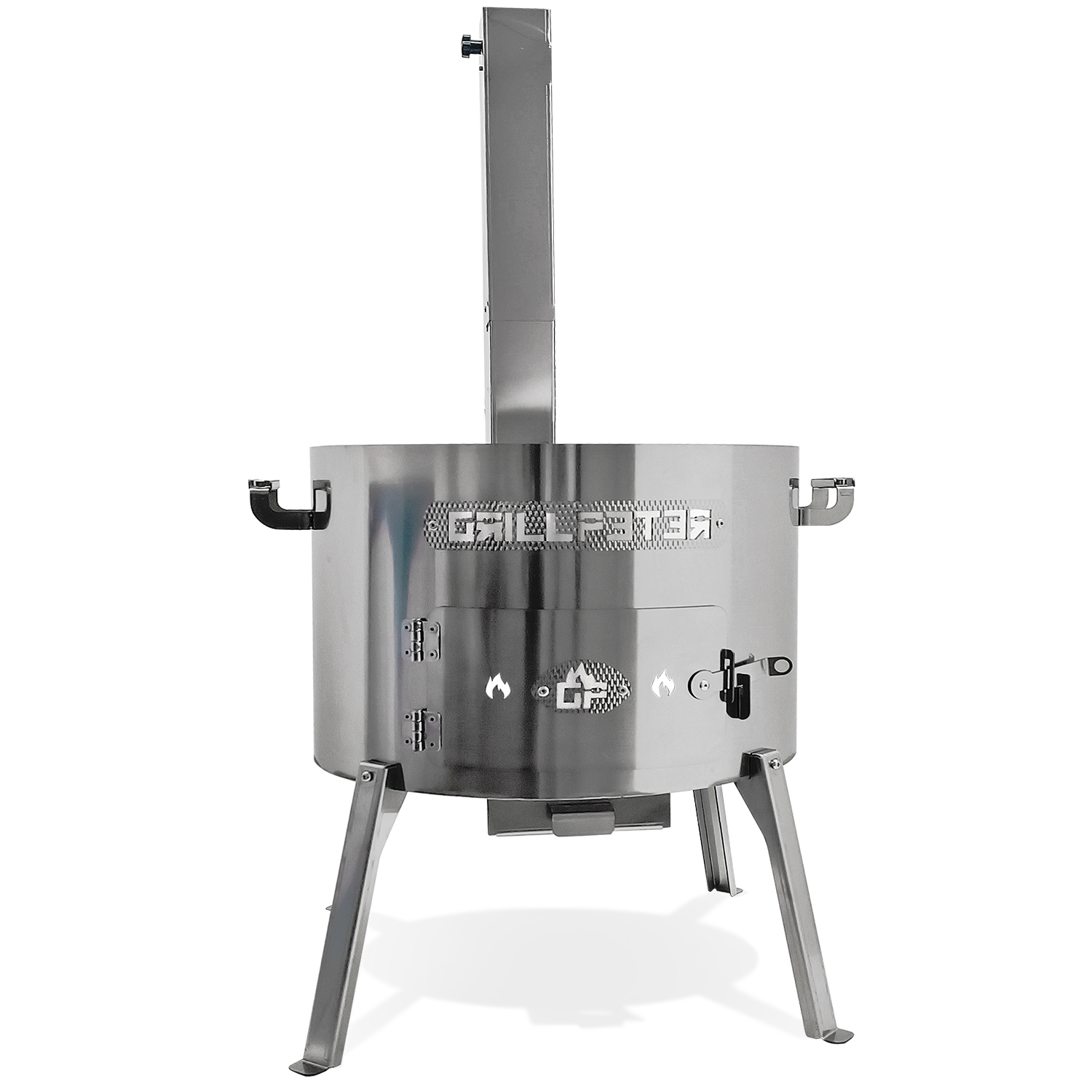 Ein Edelstahl-BBQ-Smoker mit hohem Schornstein und drei Beinen.
