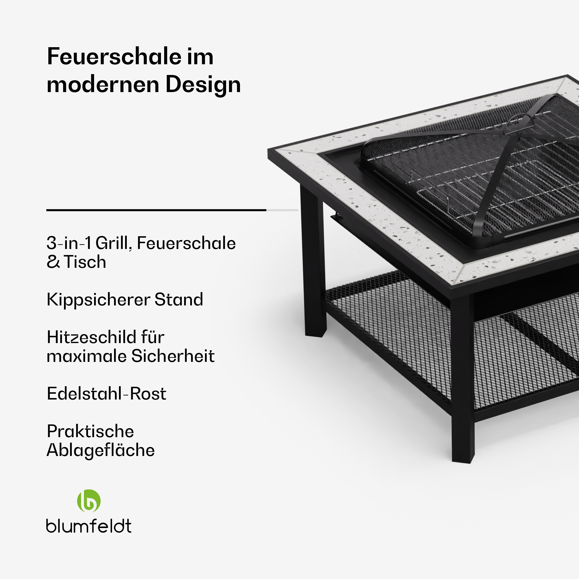 Moderne Feuerschale mit Grill- und Tischfunktion. Schwarzer Metallrahmen, gesprenkelte Oberseite.