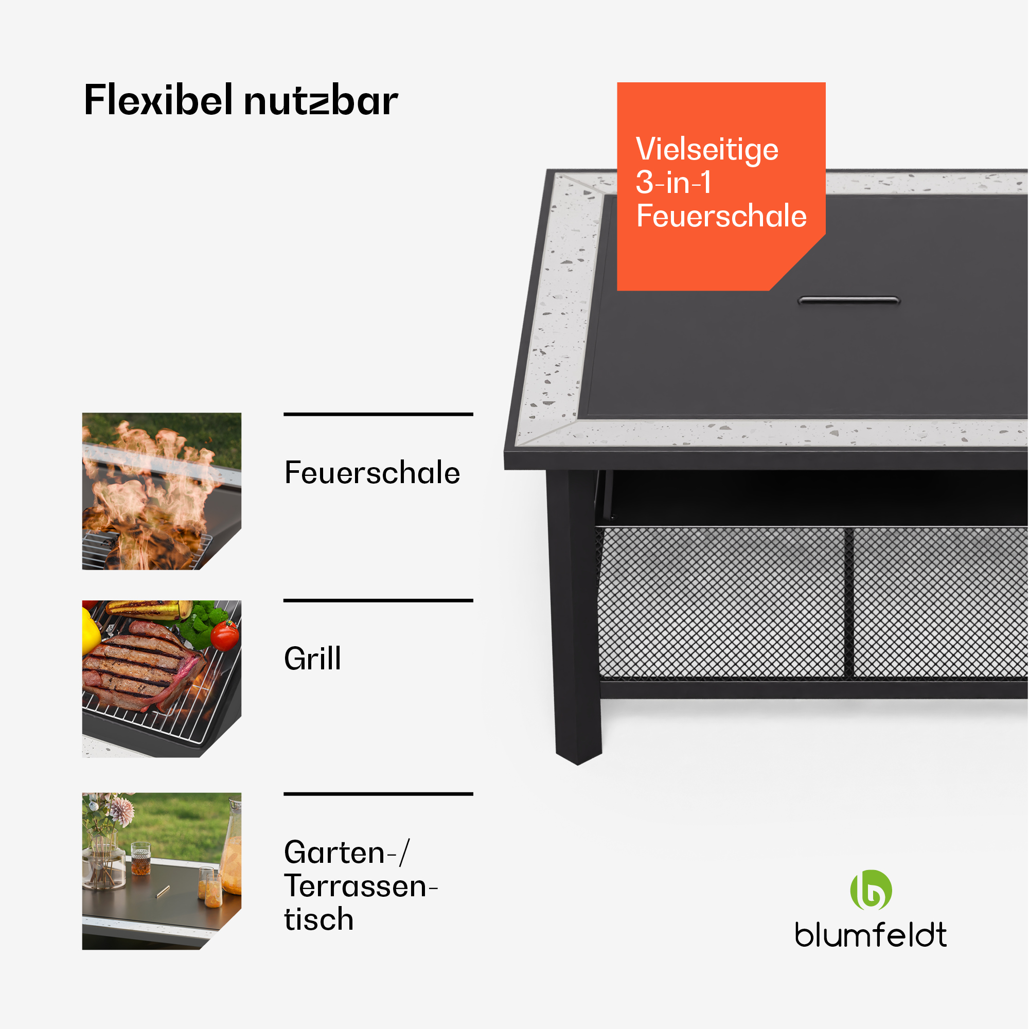 Vielseitige 3-in-1 Feuerschale, Grill und Tisch.