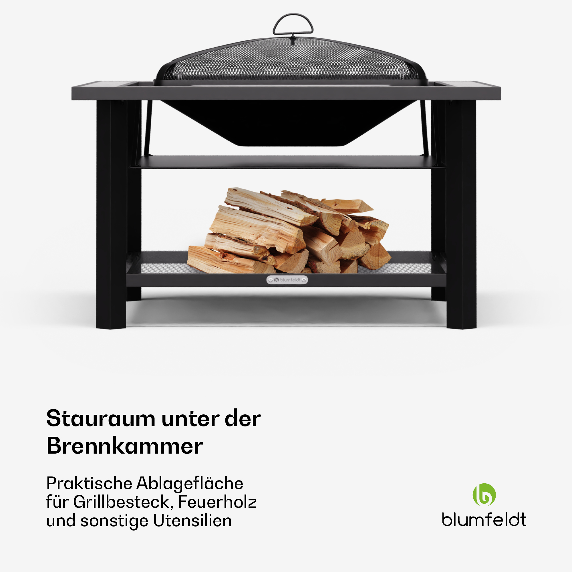 Schwarzer Metall-Feuerkorb mit Holz auf der unteren Ablage.