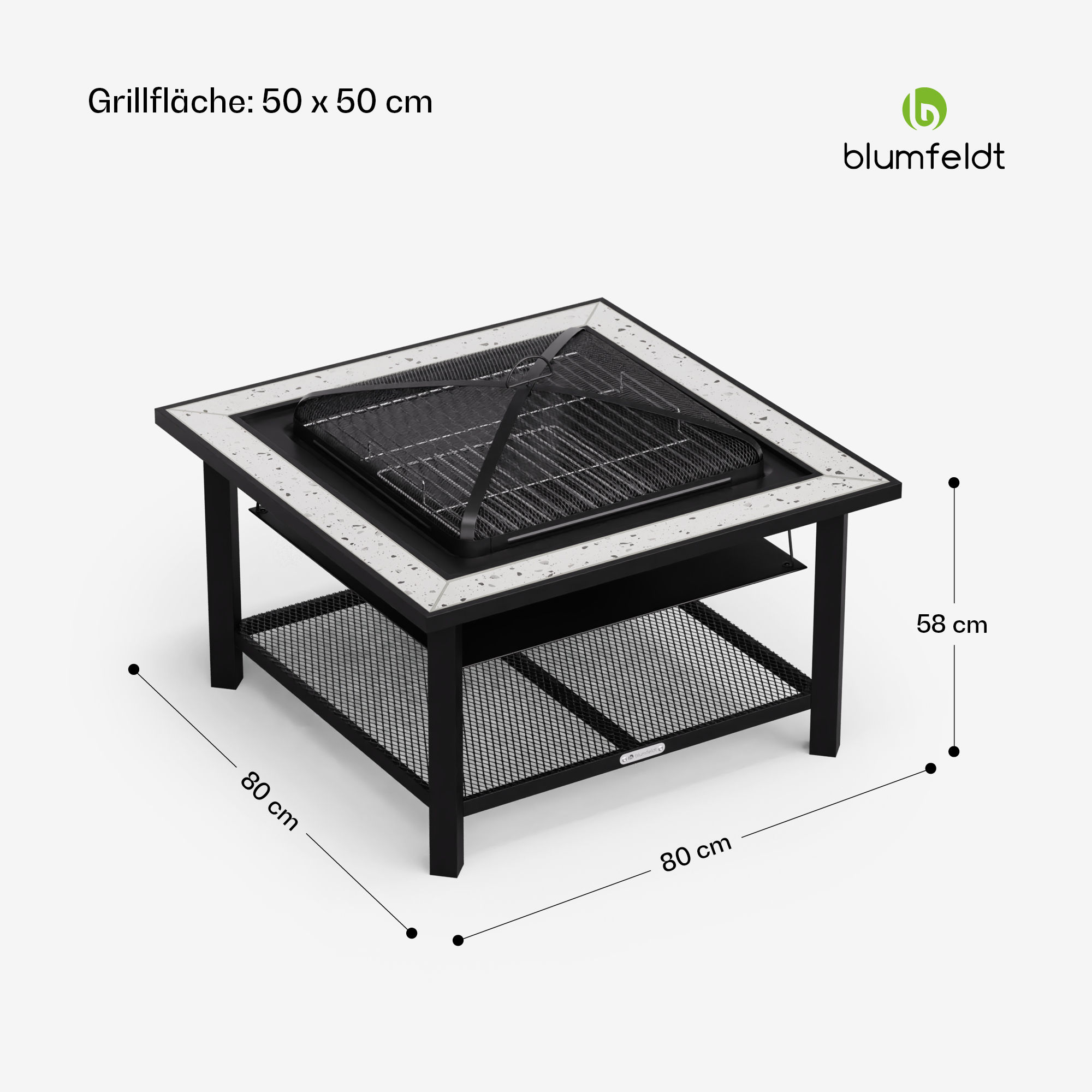 Quadratischer schwarzer Feuertisch mit Grillrost, Netzabdeckung und unterem Regal. Maße: 50x50cm Grillfläche, 80x80cm Basis, 58cm Höhe.