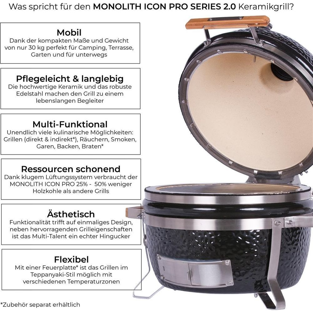 Gril Monolith en céramique avec couvercle ouvert, à côté avantages comme mobile, facile d'entretien, multifonctionnel.