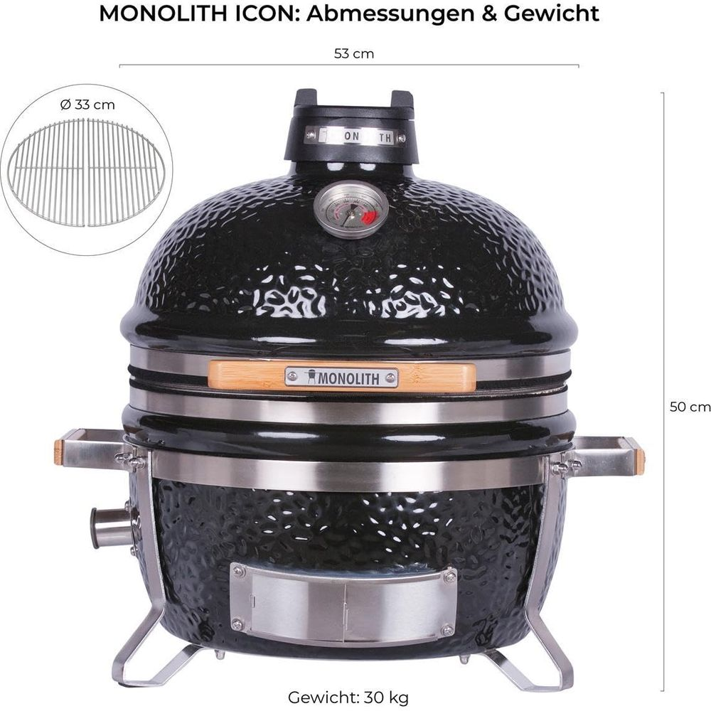 Gril Monolith noir avec dimensions 53x50cm et grille de 33cm. Poids 30kg.