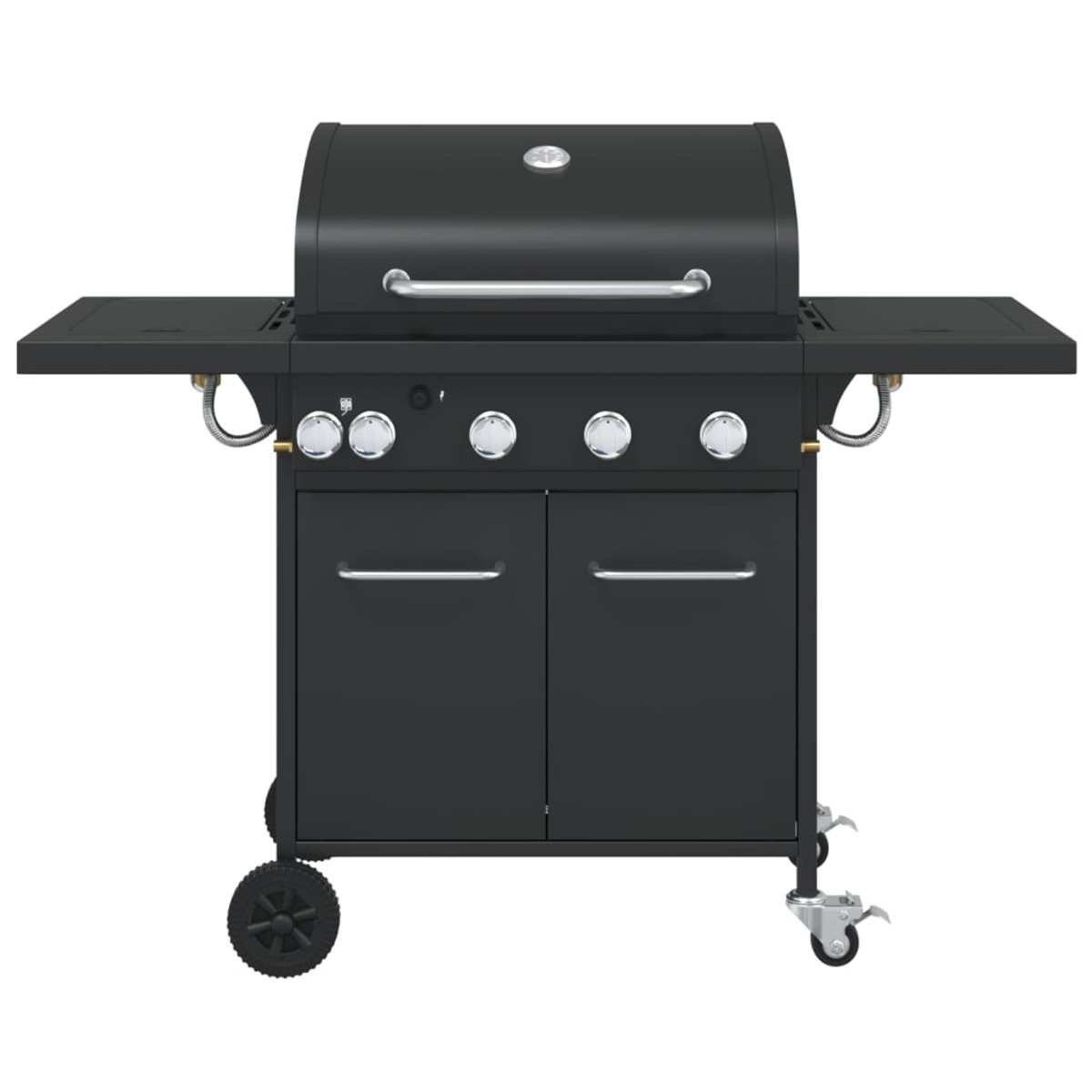 Ein schwarzer Gasgrill mit vier Brennern, seitlichen Ablagen und einem Schrank.