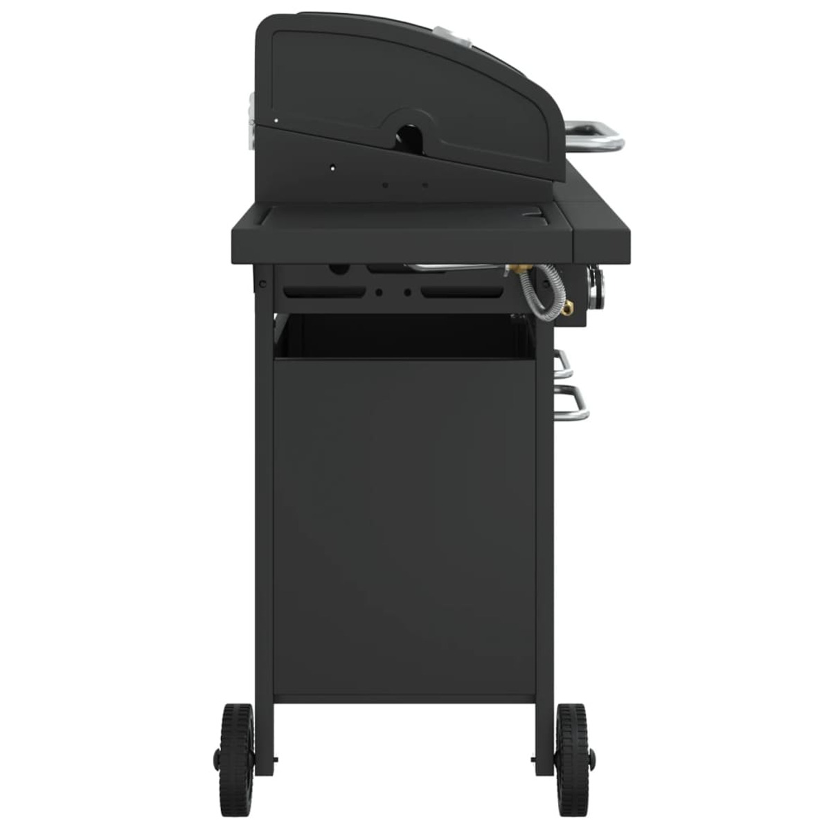 Schwarzer Gasgrill auf Rädern mit offenem Unterschrank und seitlichem Bedienfeld.