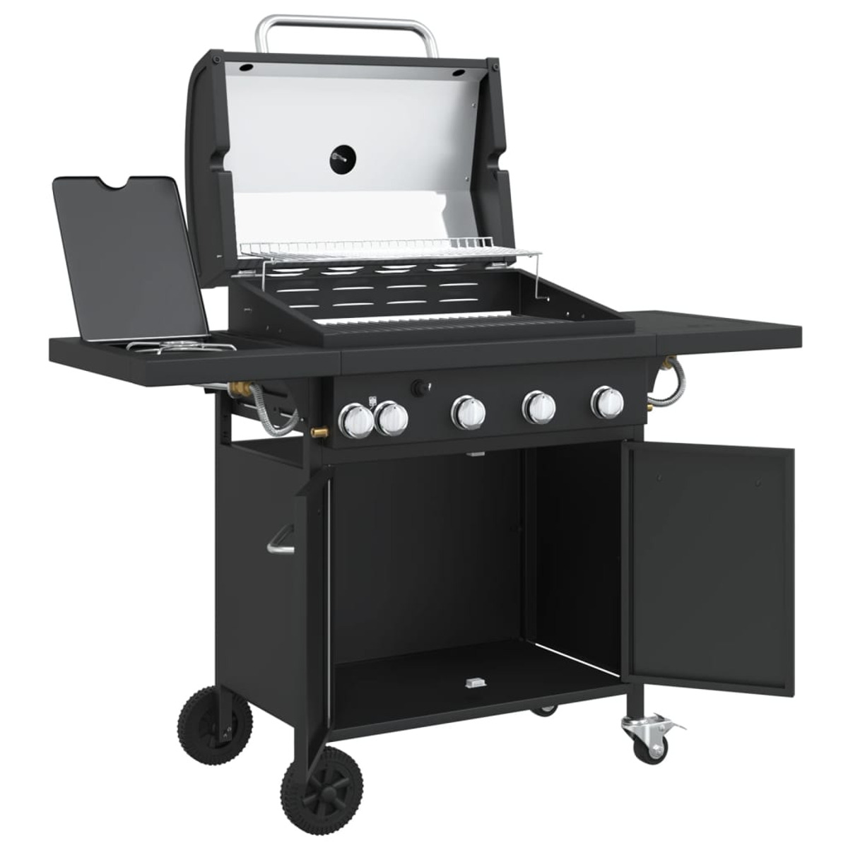 Schwarzer Gasgrill mit offenem Deckel, Ablage und Stauraum.
