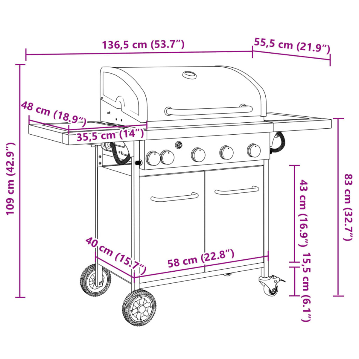Ein Grill mit Maßen, auf einem weißen Hintergrund.