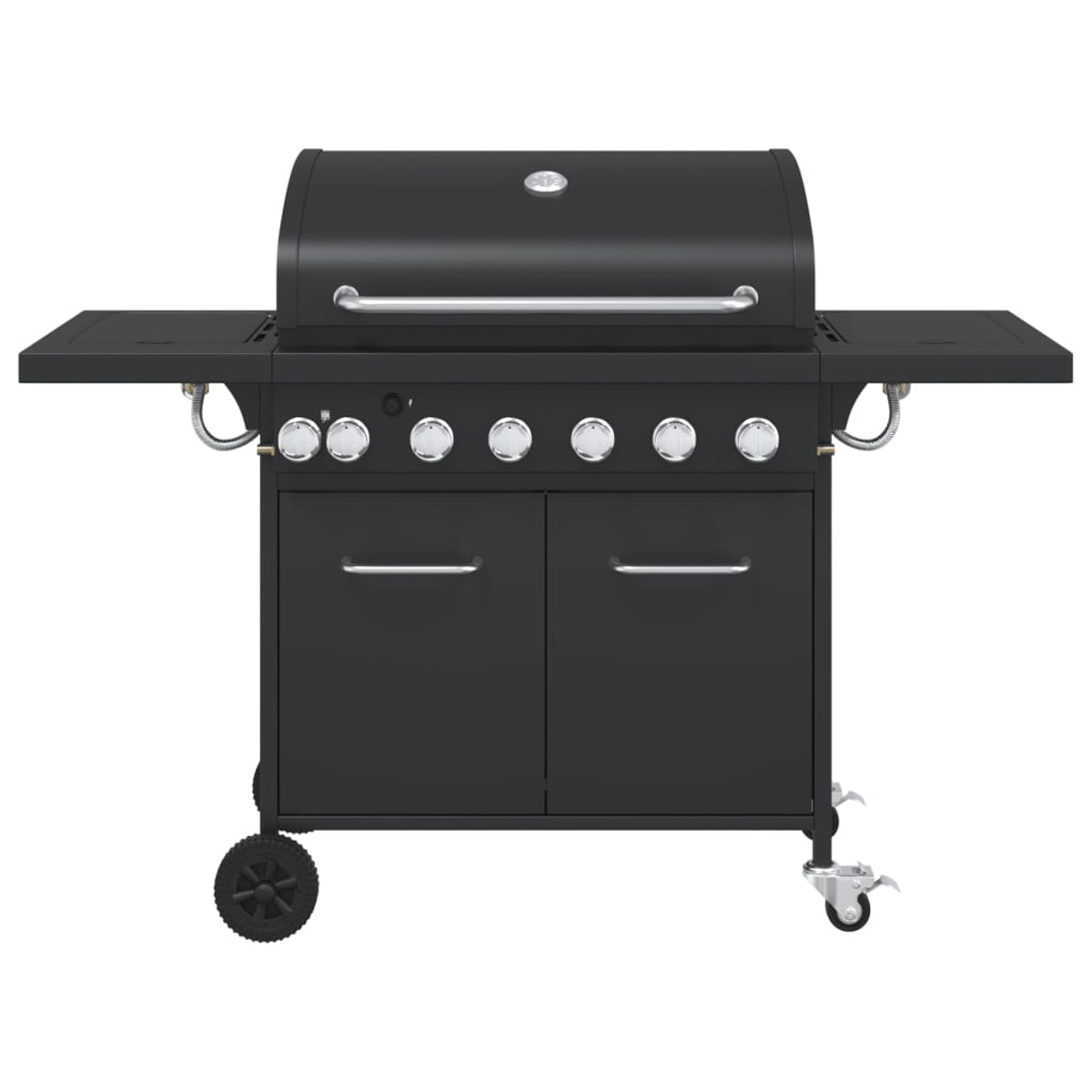 Schwarzer Gasgrill mit sechs Brennern, zwei Seitenablagen und doppelter Tür.
