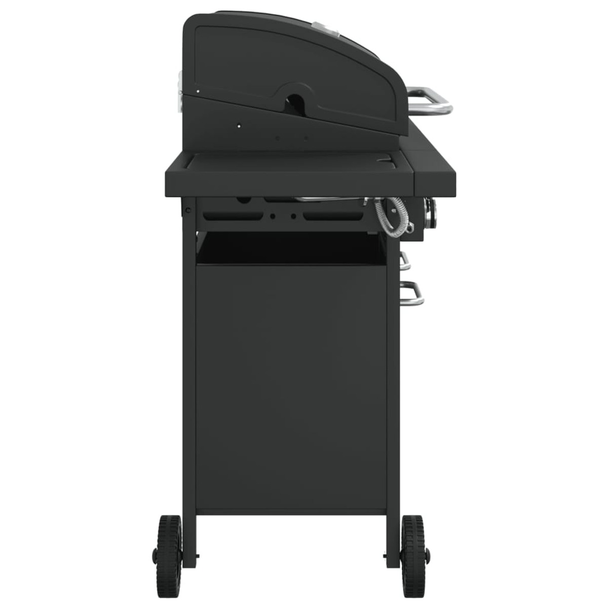 Schwarzer Gasgrill mit zwei Rädern und silbernen Griffen, von der Seite gesehen.