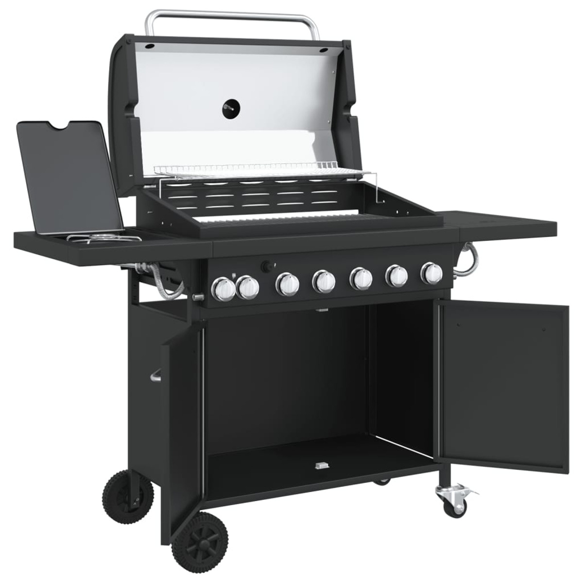 Schwarzer Gasgrill mit offenem Deckel, Seitenablage und offenen Schranktüren.