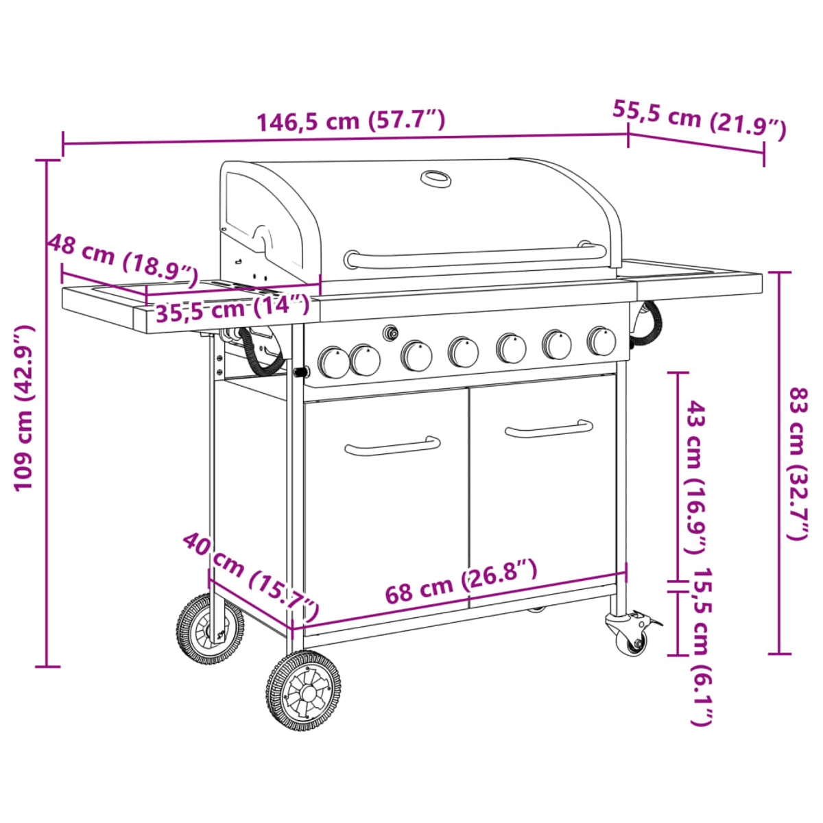 Diagramm eines silbernen Grills mit bemaßten Abmessungen. Er hat zwei Räder und eine Lenkrolle.