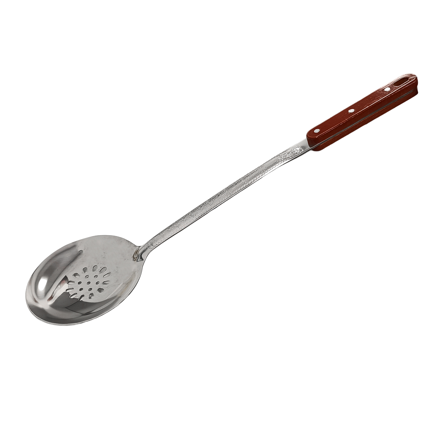 Ein langer Löffel aus Metall mit einem braunen Holzgriff und Schlitzen.