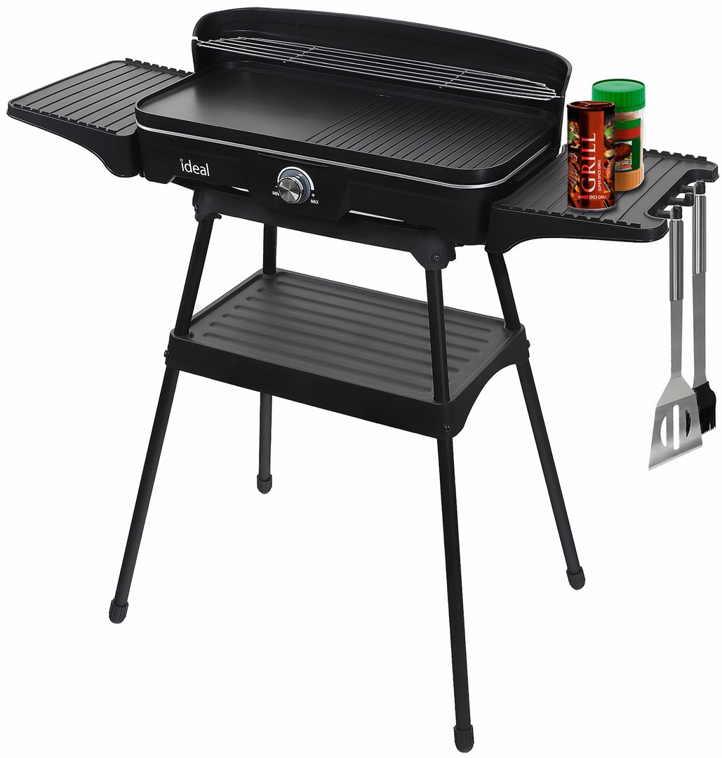 Grill elettrico nero con ripiani laterali, manopola e attrezzi per griglia.