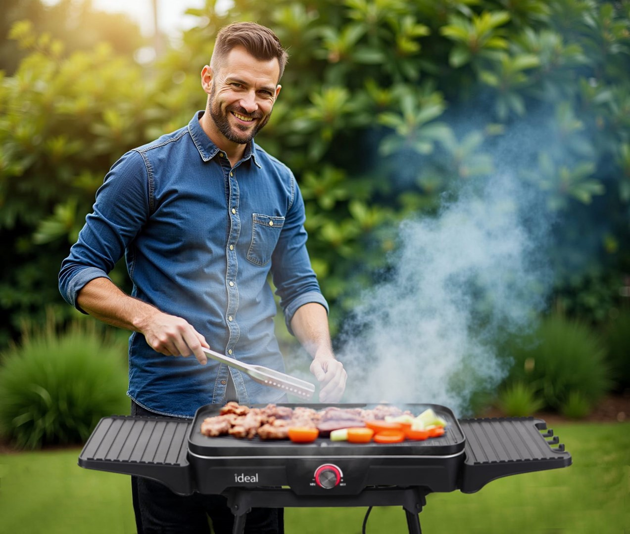 Uomo che griglia carne e verdure all'aperto, fumo che sale.