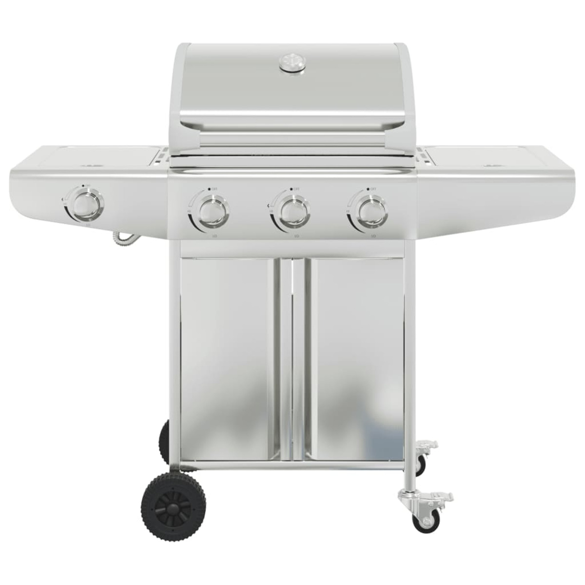 Ein glänzender silberner Gasgrill mit drei Brennerknöpfen und zwei Türen.