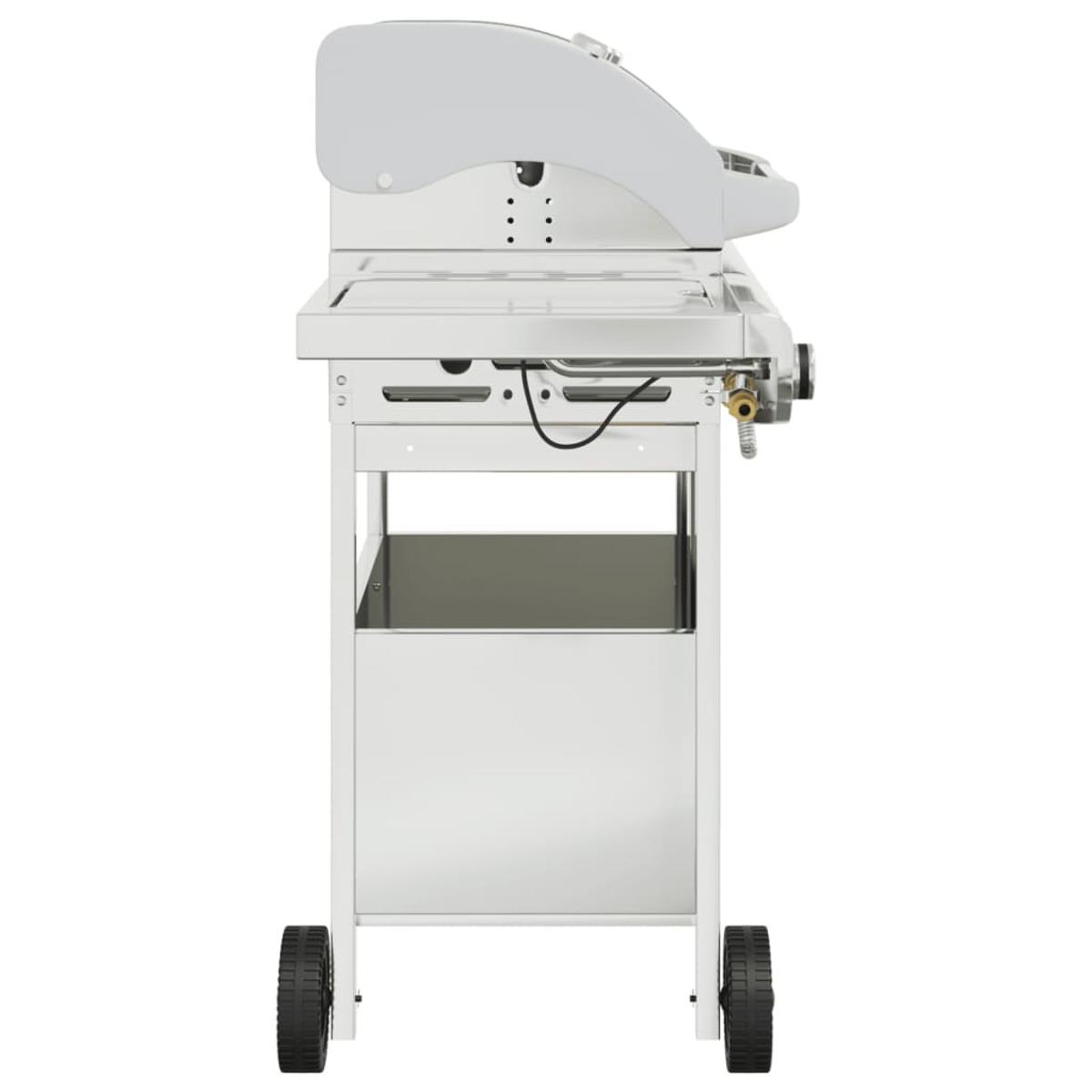 Ein silberner Grill mit zwei Rädern, Gasanschluss und Ablage.