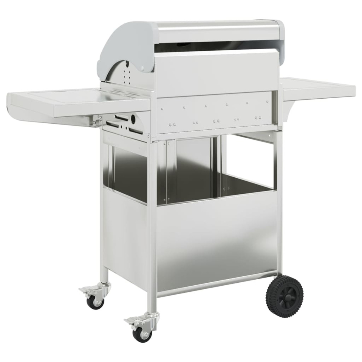Ein glänzender Edelstahlgrill mit ausklappbaren Ablagen und Rädern.