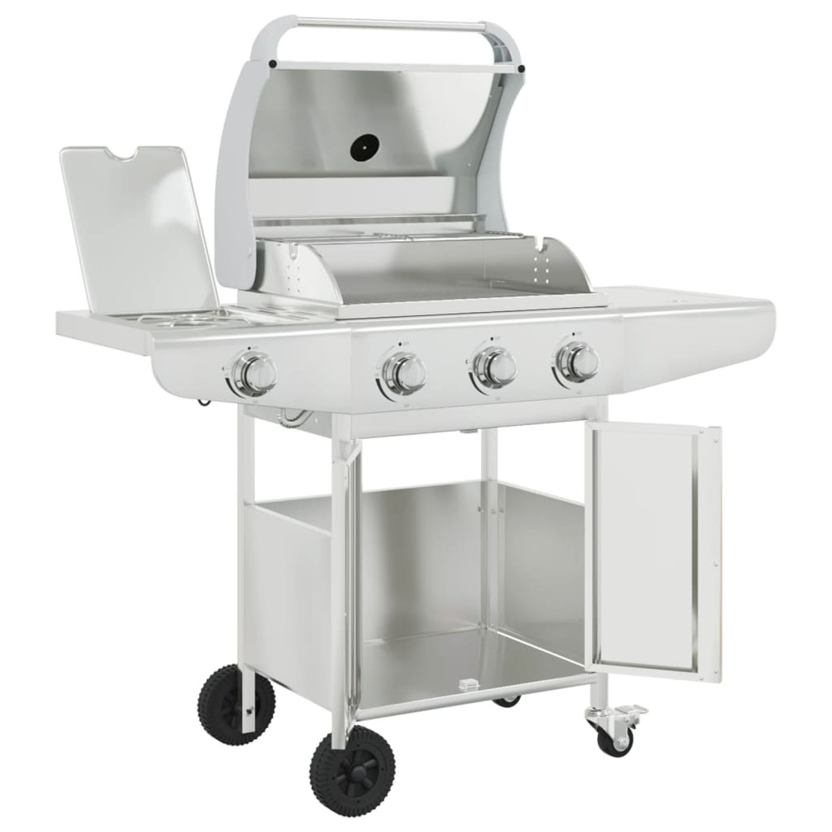 Ein silberner Gasgrill mit offenem Fach und Rädern.