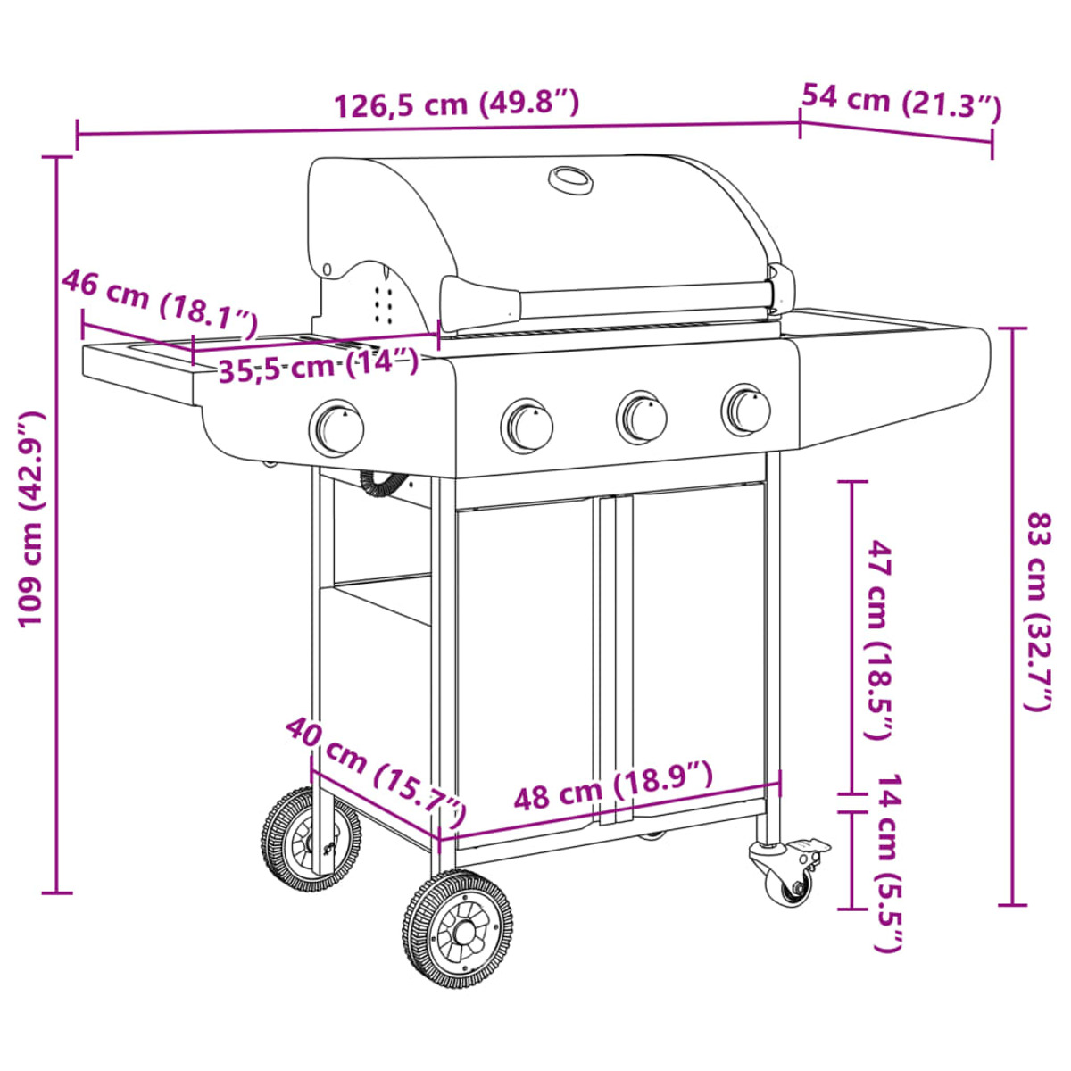 Ein Grill mit Maßen, der auf Rädern steht. Mit Seitenablage und Schrank.
