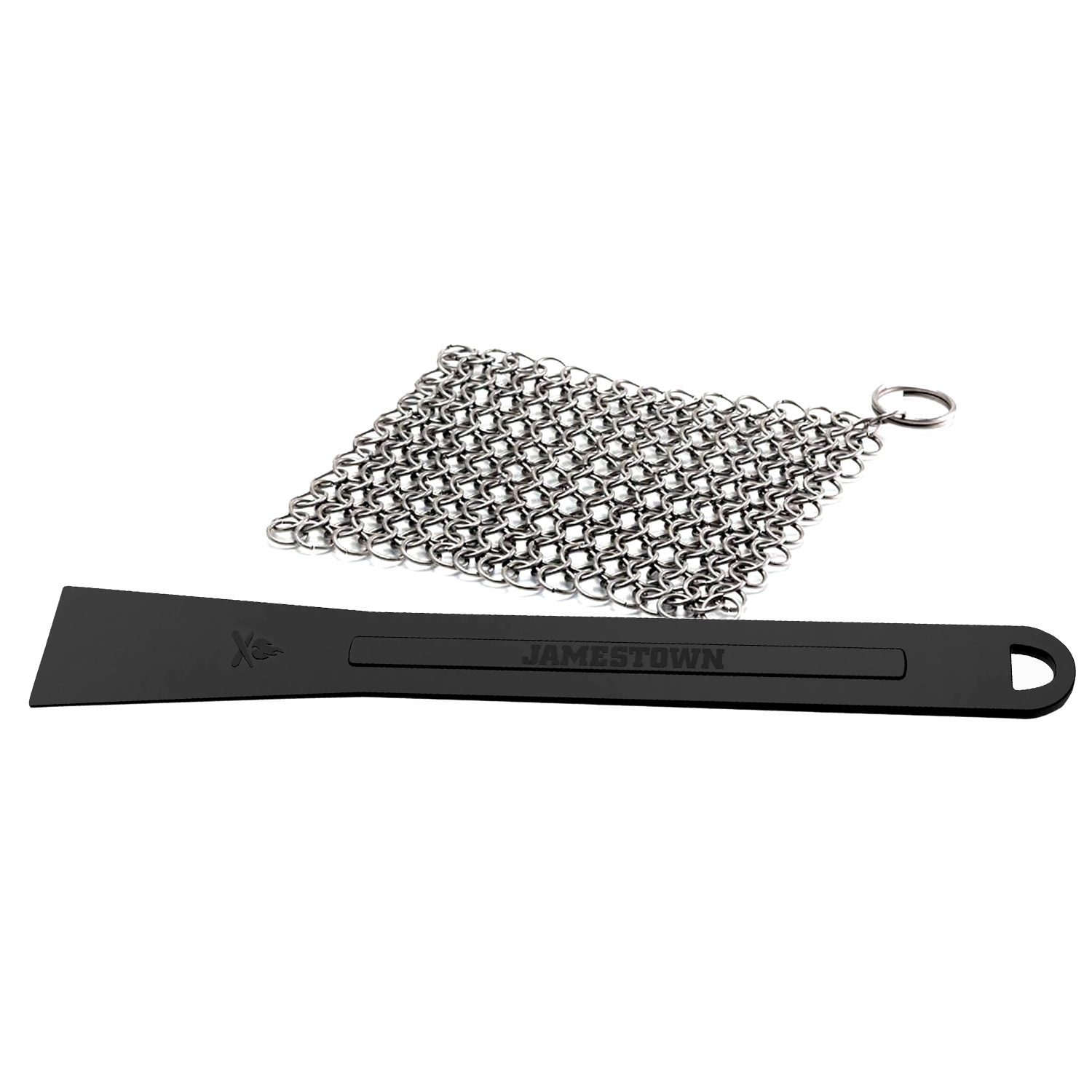 Ein schwarzer Spachtel mit einem Ring aus Metallgewebe.