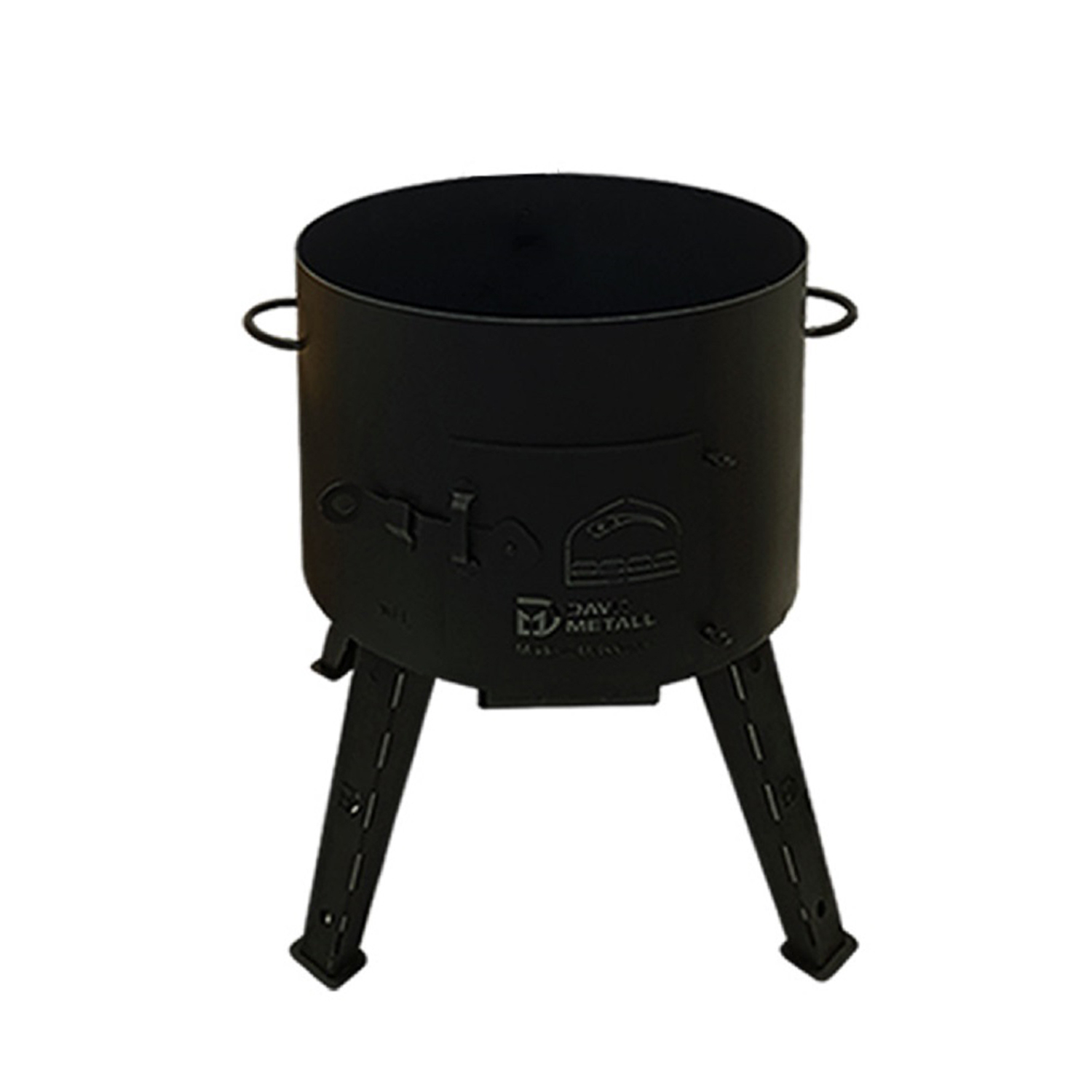 Schwarzer Metall-Grill mit drei klappbaren Beinen und Griffen.