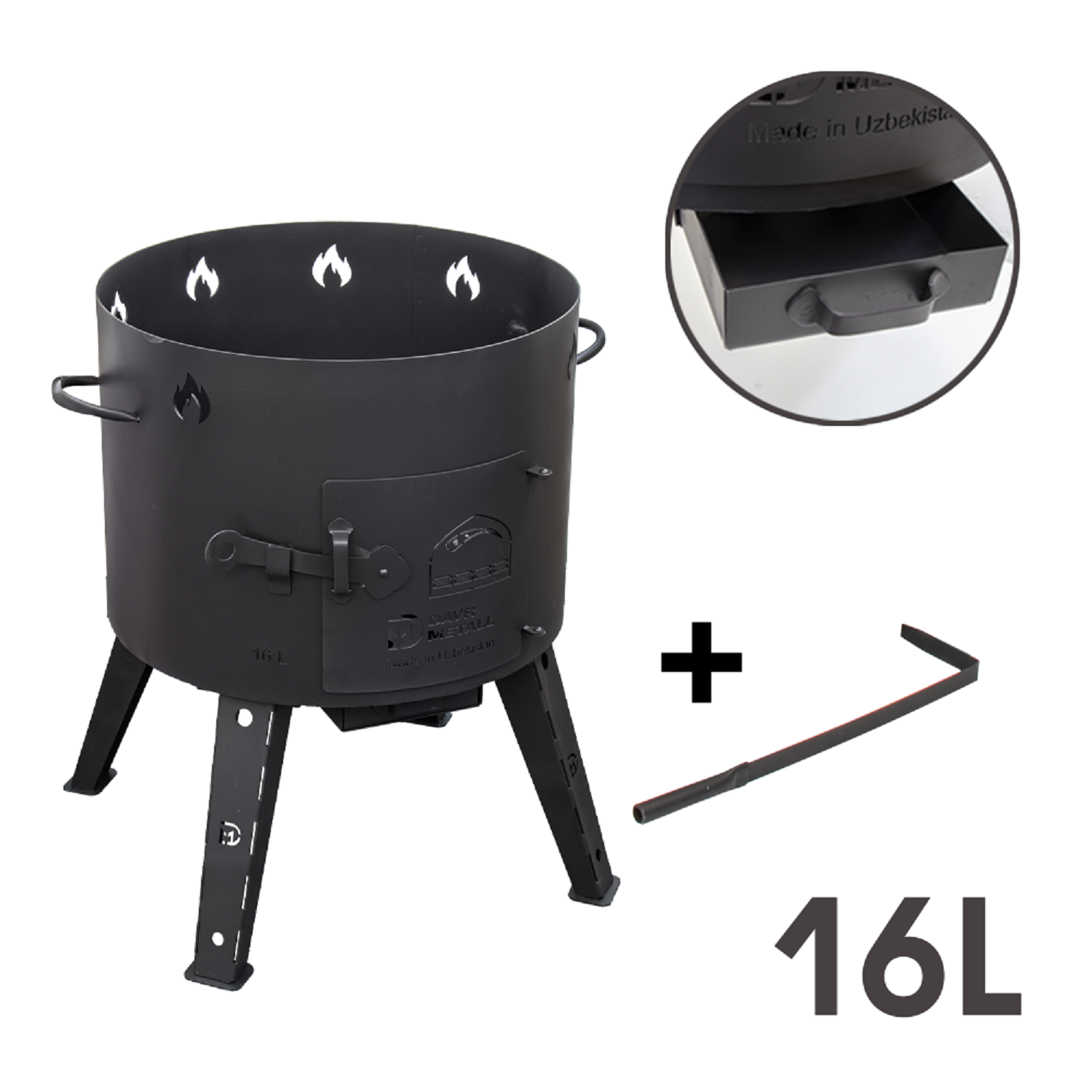 Schwarzer Metall-Tandoor-Ofen mit Beinen, Schublade, Werkzeug und 16L-Markierung.
